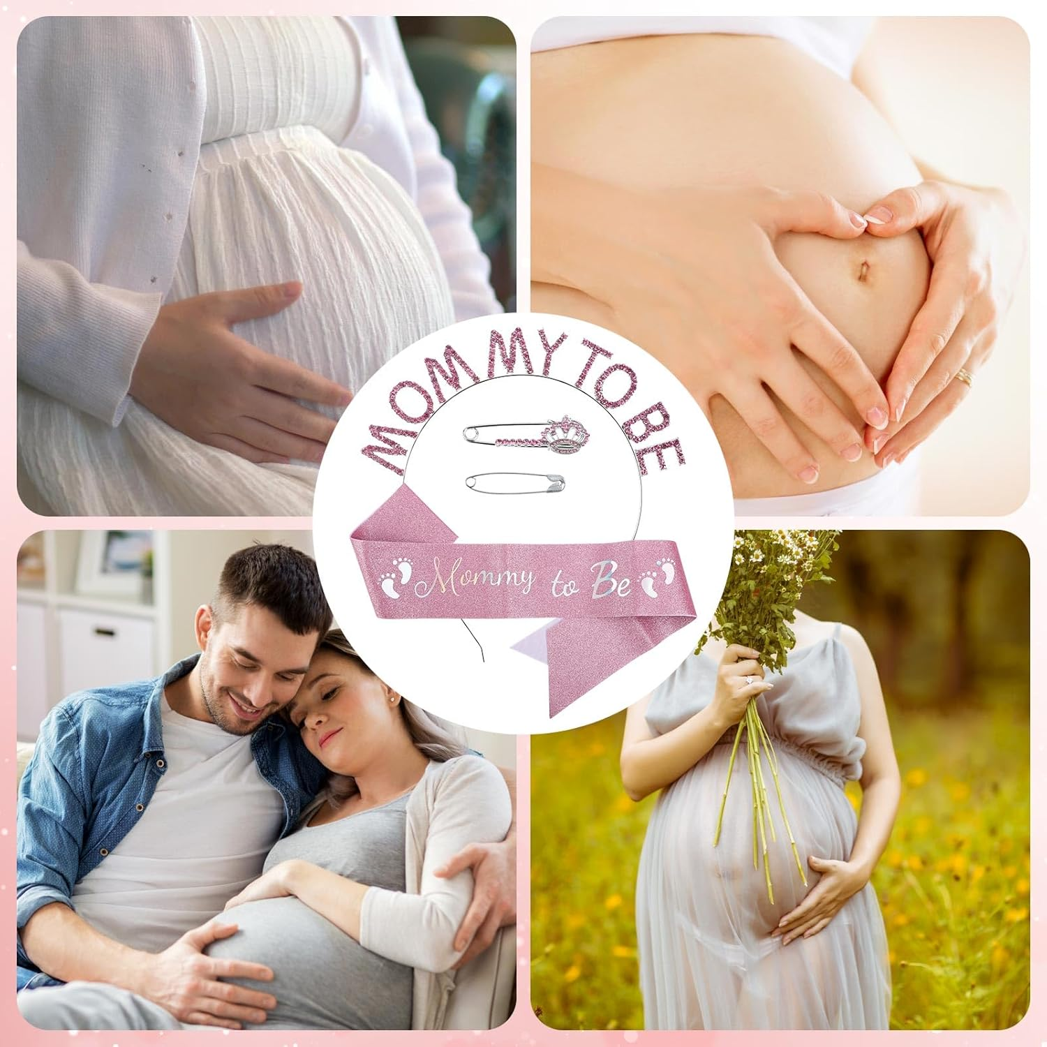 Mother to Be Party Decorations, Mother to Be Sash Hairband Pin Kit Pink Gentle Baby Shower Sash for Mommy Glittering Sash Rhinestone Mother to Be Hairband Pin for Baby Shower image number 6