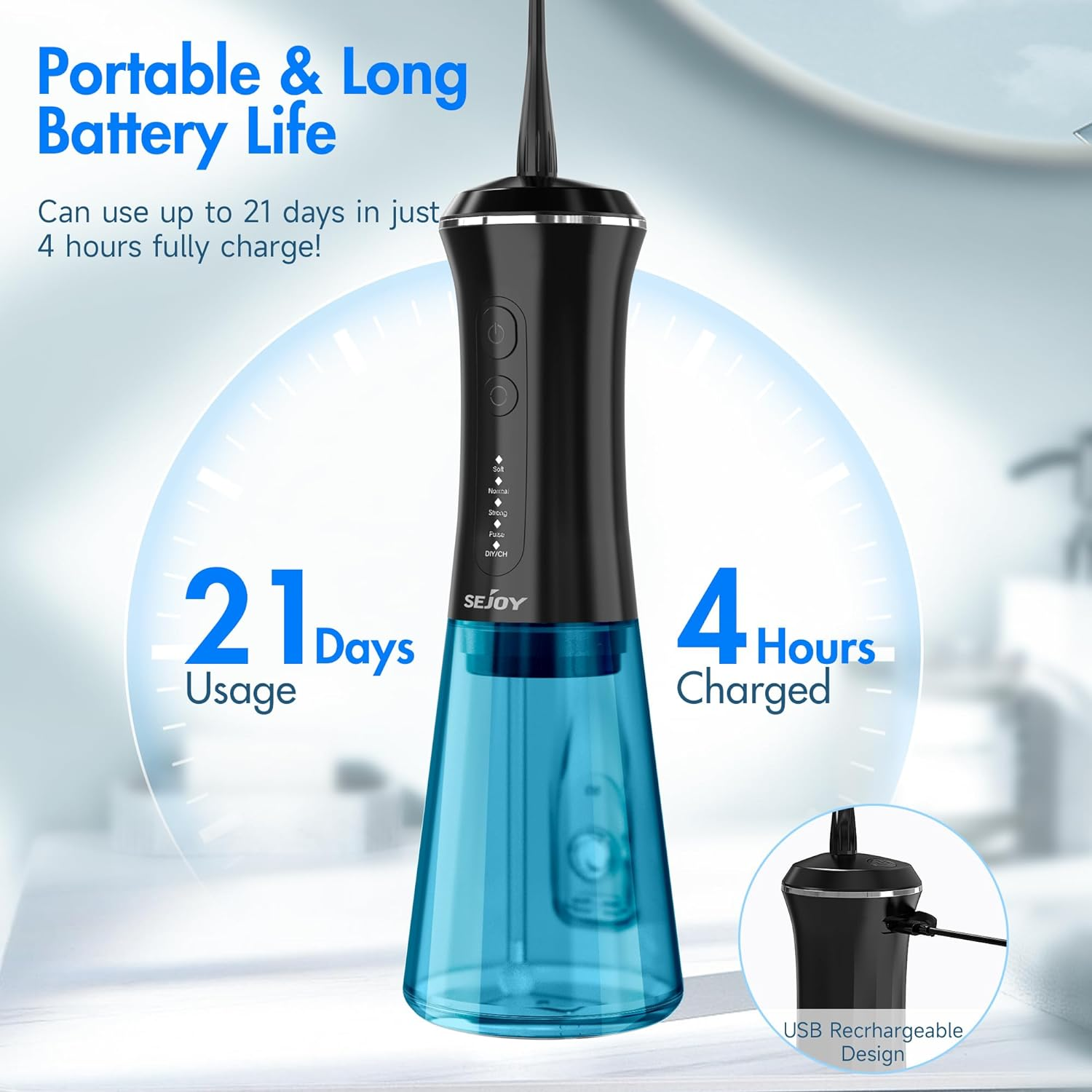 Sejoy Water Dental Flosser Cordless Rechargeable, Water Dental Picks for Teeth Cleaning and Flossing, Electric Oral Irrigator for Braces Kids-Diy Mode 7 Jet Tips, IPX7 Waterproof-For Travel and Home image number 3