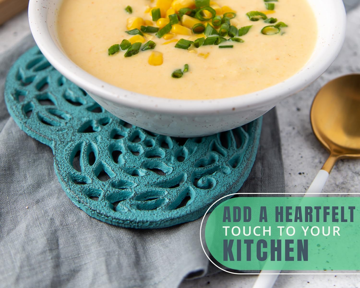 Cast Iron Heart Trivet - Decorative Cast Iron Trivet for Kitchen or Dining Table - Vintage, Rusted Design - 6.75X6.5" - with Rubber Pegs/Feet - Recycled Metal - Blue image number 2