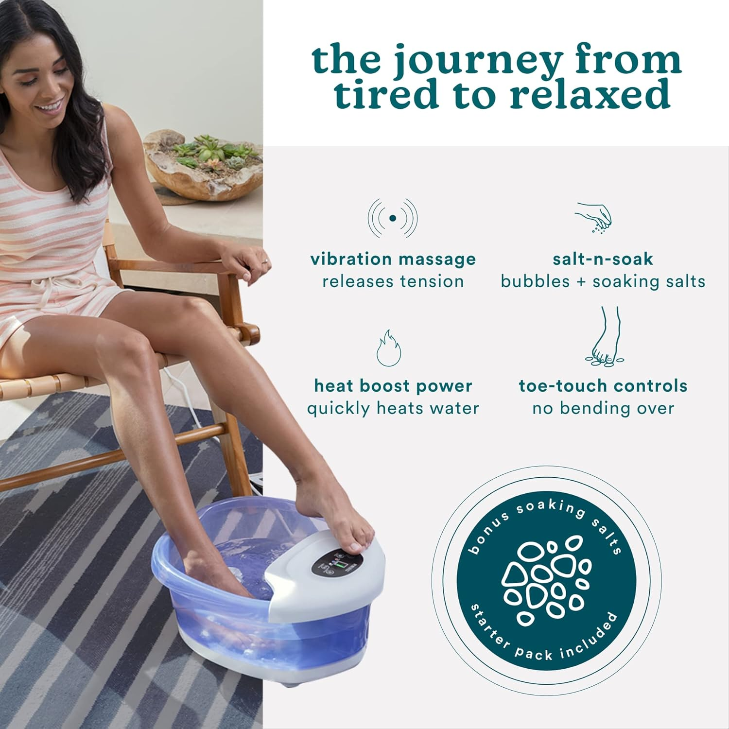 Homedics Salt-N-Soak Footbath with Heat Boost and Soaking Salt Starter Kit, 4 Soothing Massage Rollers, Toe-Touch Controls, Splash Guard, Bubble, Vibration Massage, Bath Salt Dispenser, LED Display image number 1