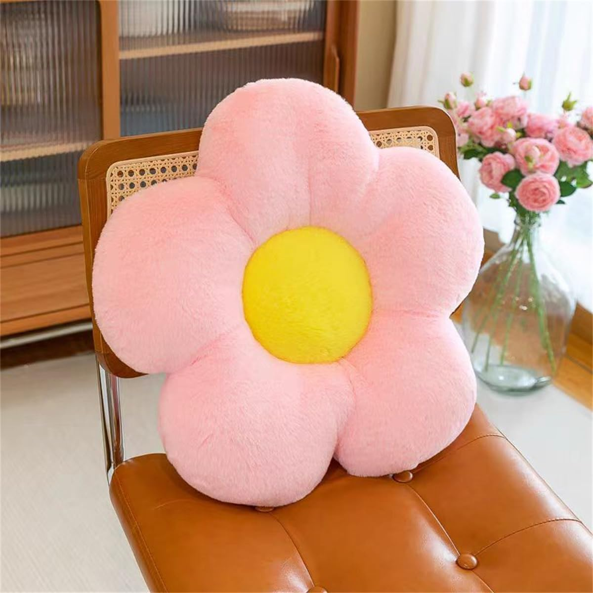 Flower Floor Pillow Seating Cushion - Cute Room Decor,Flower Pillow for Reading and Lounging Comfy Pillow -45Cm (Pink+Yellow) image number 4