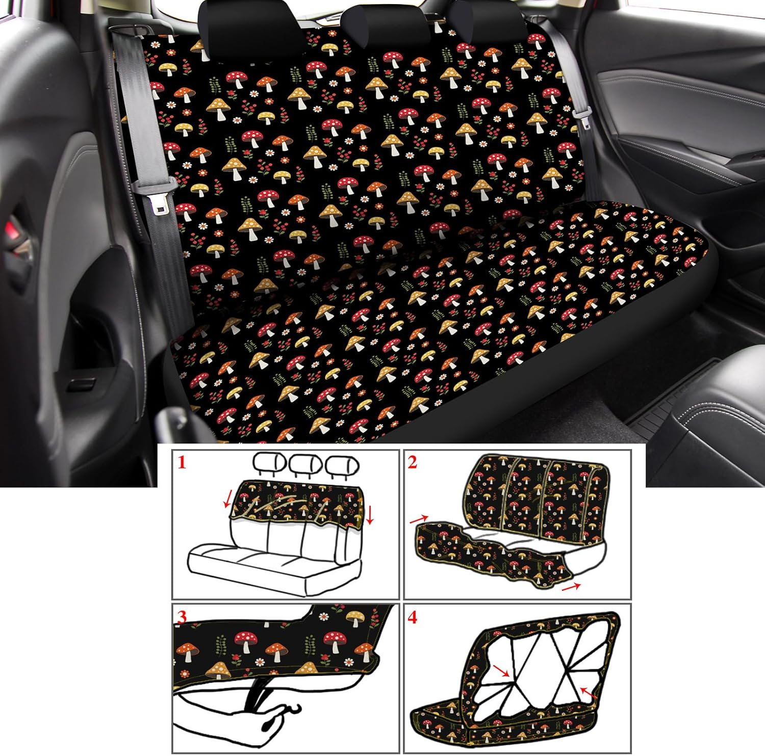 Riakrum 17 Pcs Mushroom Car Seat Covers Mushroom Car Accessories Full Set for Women Men Automotive Rear Front Seat Protector View Mirror Hanging Ornament Steering Wheel Belt (Cute Retro Mushroom) image number 3