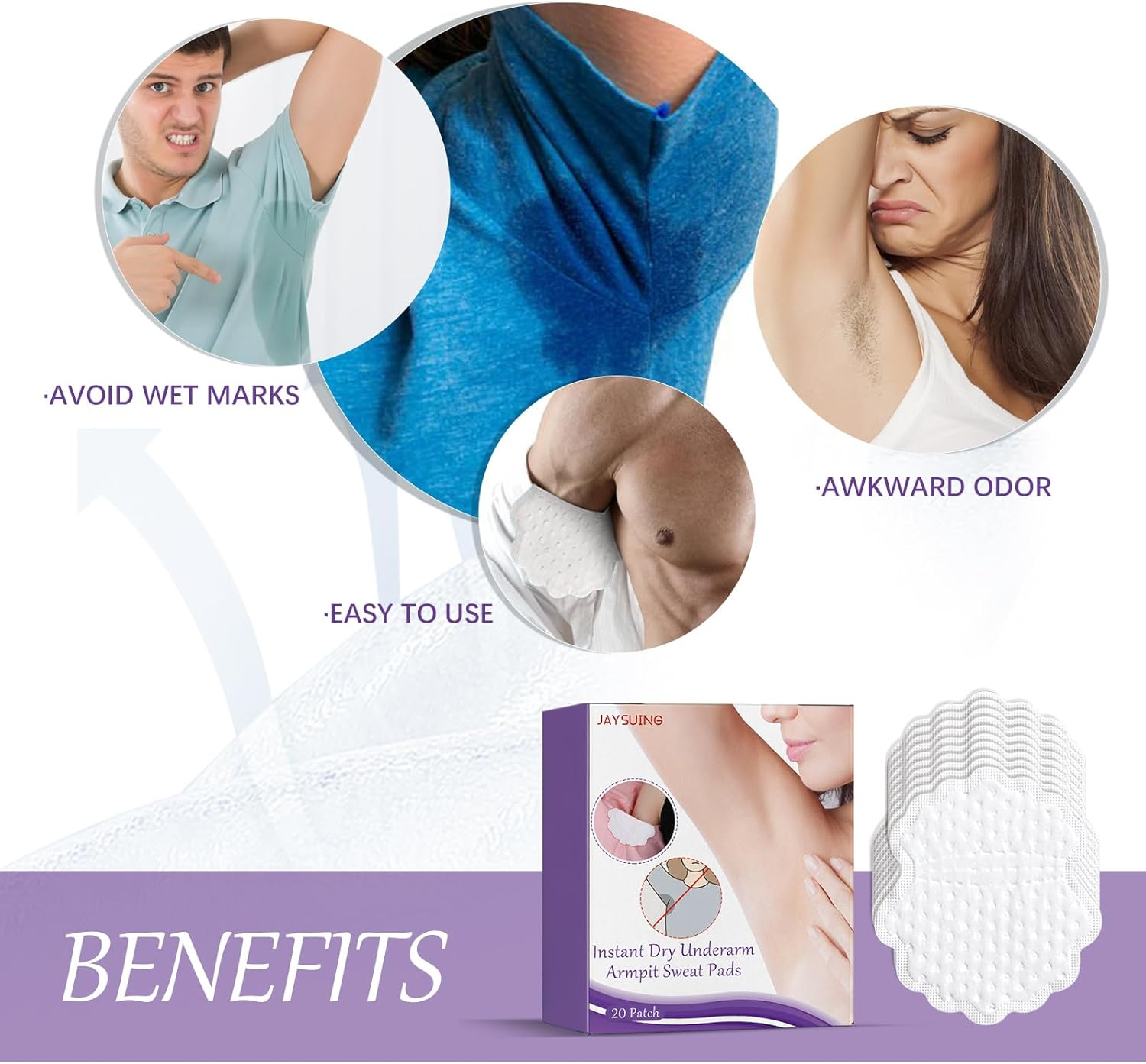 Instant Dry Underarm Sweat Pads, Disposable Armpit Perspiration Patches, 20 Pack, White image number 4