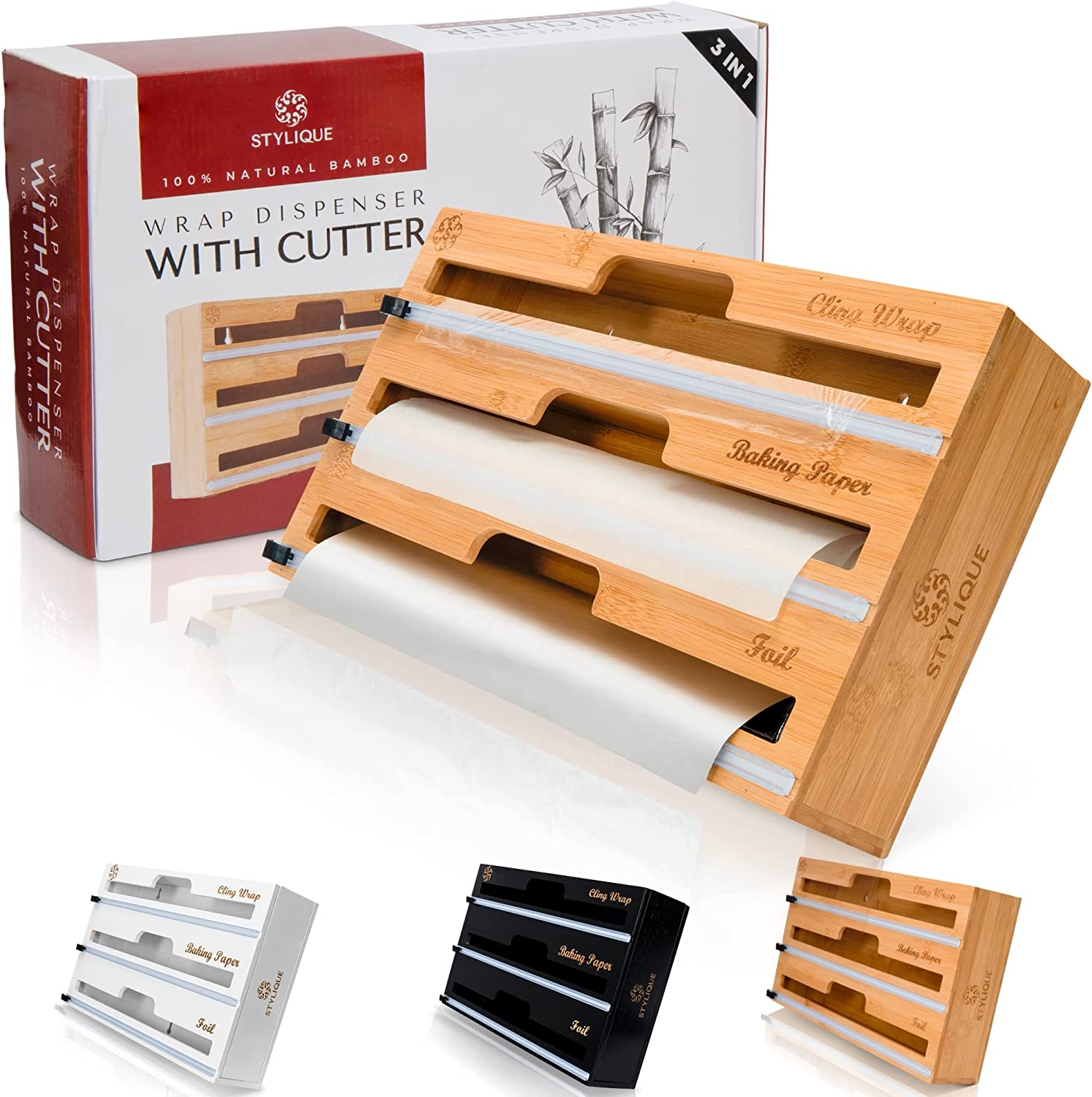 3 in 1 Foil and Cling Wrap Organiser (Aussie Sizes) for Kitchen Storage & Organisation, Cling Wrap Dispenser with Cutter Drawer & Pantry Organiser for Aluminium Foil Baking Paper 33Cm Roll (Natural) image number 5