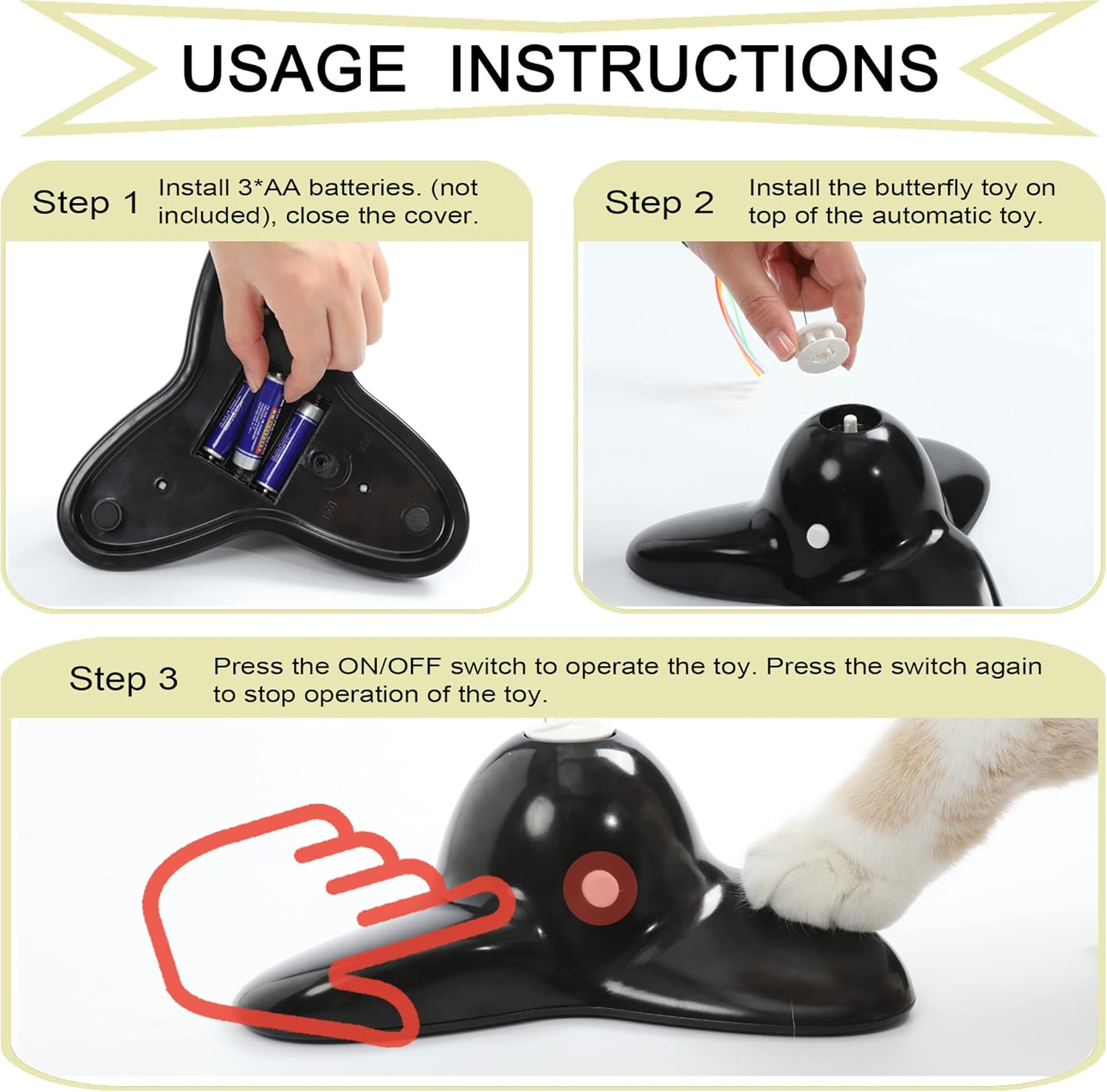 Vealind Indoor Interactive Play Teaser Cat Toy with 360&deg;Electric Rotating Butterfly (Black) - Black image number 4