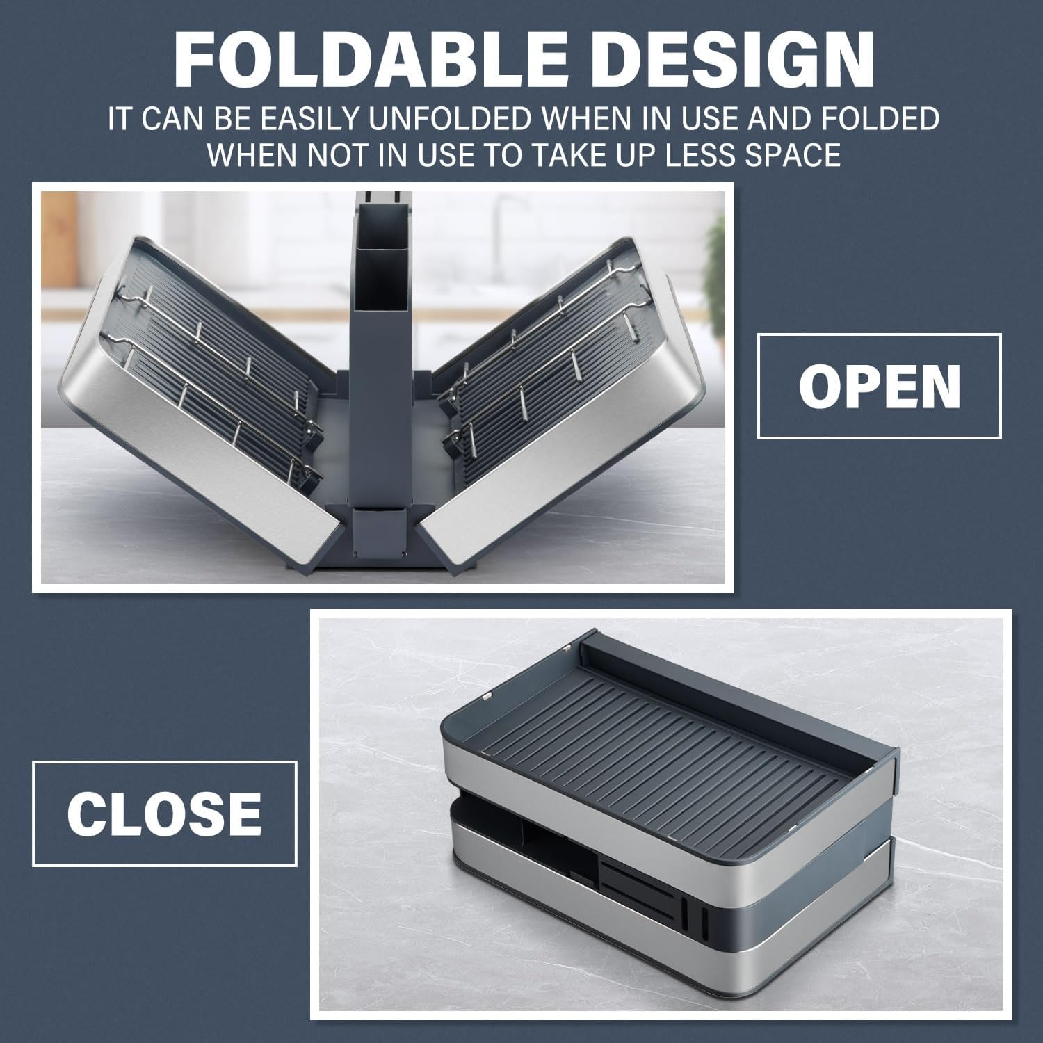 Stelive Foldable Dish Drainer Rack with Removable Cutlery Holder Stainless-Steel Dish Drying Rack with Dual Parts, Space-Saving Dish Rack, Rustproof Utensil Drainer for Kitchen Counter, Gray/Steel image number 3
