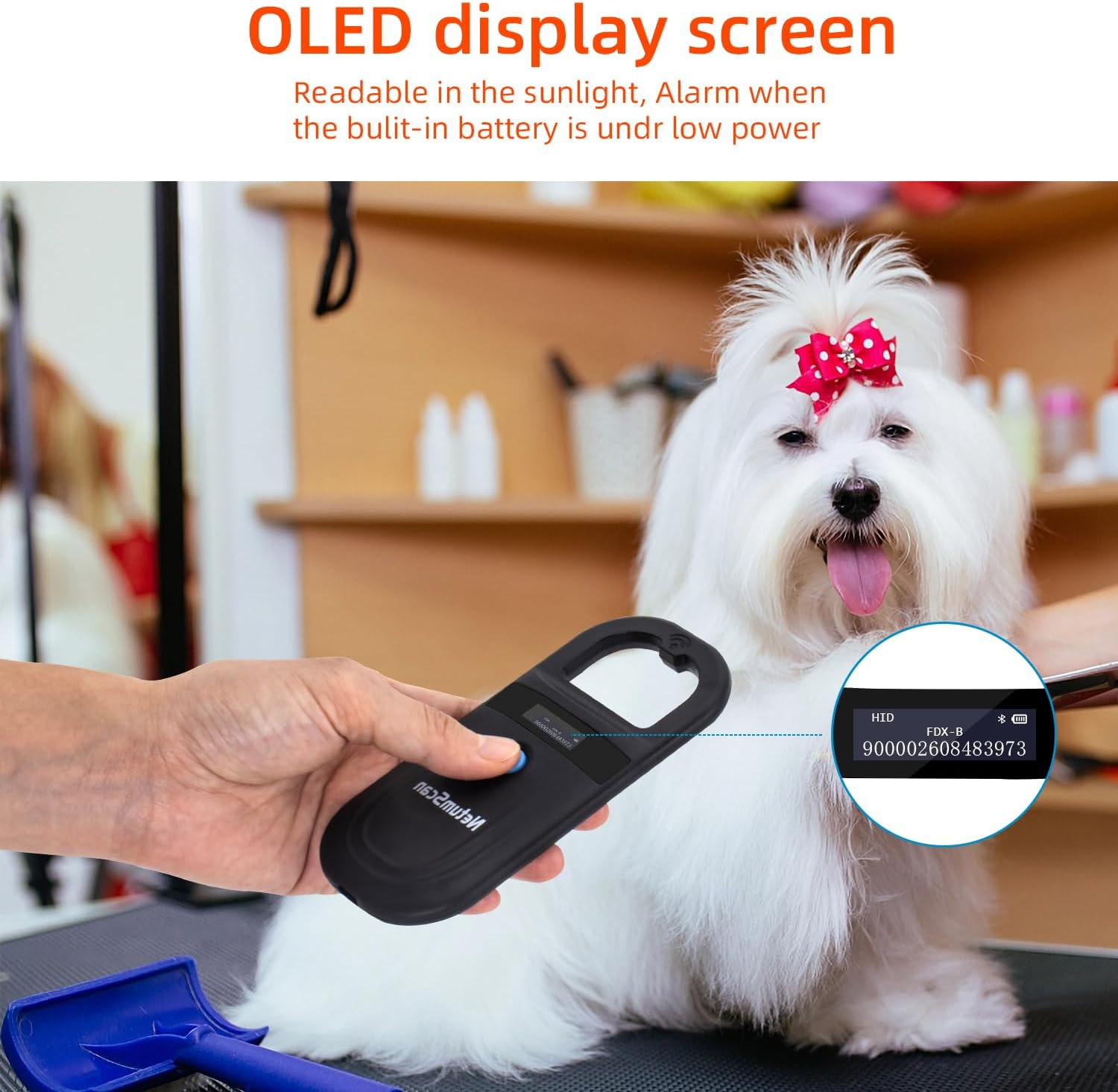 Netumscan Upgraded Pet Microchip Reader Scanner, 256 Data Storage Animal Tag Scanner Rechargeable Handheld Pet Chip ID Scanner with Stable OLED Display for ISO 11784/11785,FDX-B and ID64 RFID EMID image number 6
