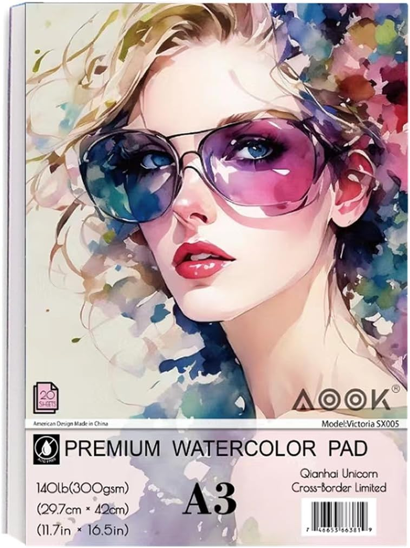 AOOK A3 Watercolor Paper Pad, Watercolor Painting Paper, 11.69X16.53 "(140Lb/300Gsm) 20 Sheet Mixed Paper Mat, Top Packaging, Fine Texture, Suitable for Watercolor, Watercolor, and Acrylic Art Mats. (1PCS) image number 1