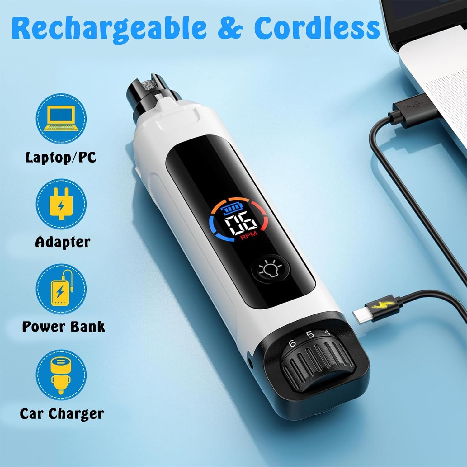 Dog Nail Grinder Rechargeable, 6-Speed Quiet Pet Nail Grinder with 2 LED Lights for Large Medium Small Dogs/Cats, Professional 12000RPM 3 Grinding Ports Paw Grooming Supplies Kit, 2 Grinding Wheels image number 6