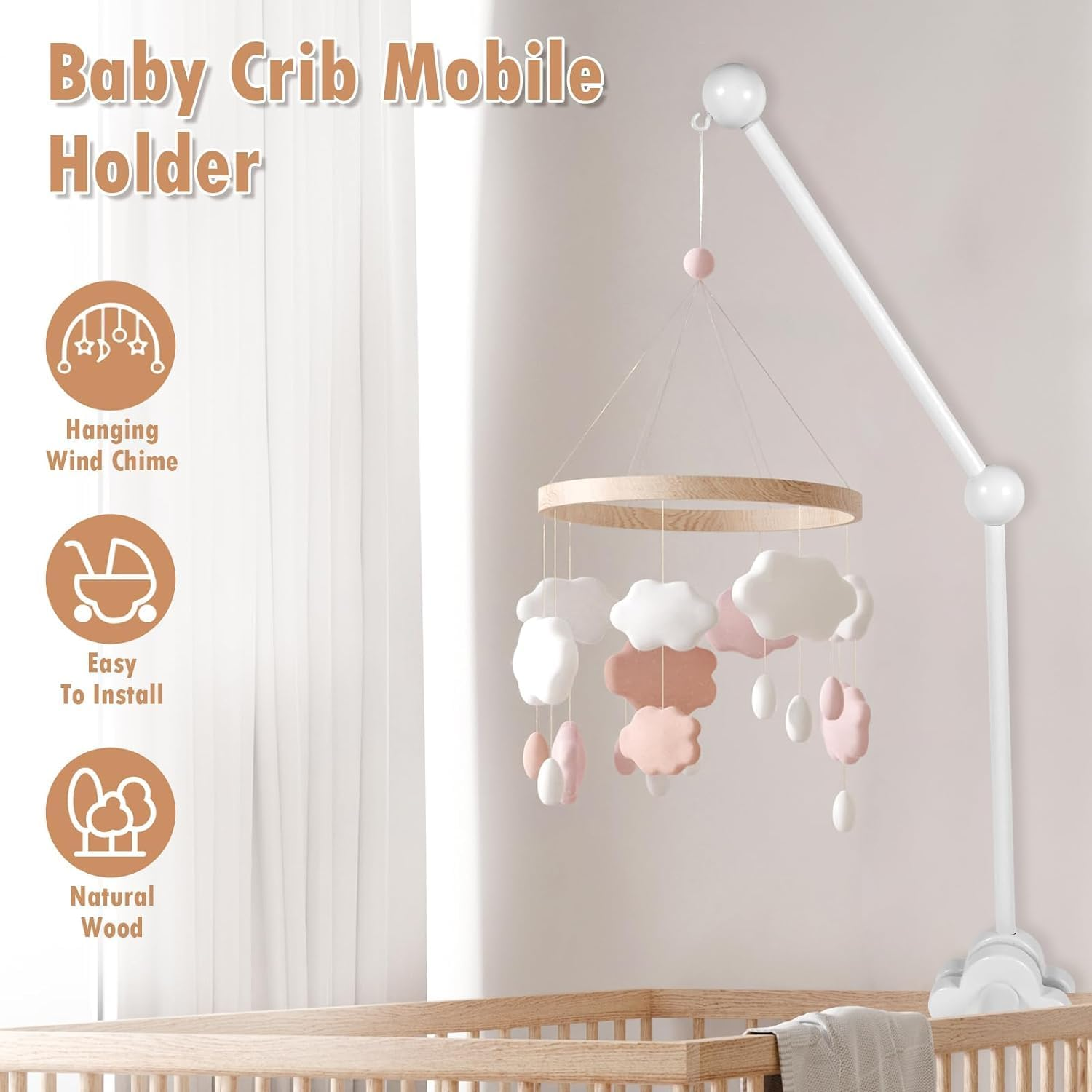 27 Inch Wooden Baby Crib Mobile Arm, Adjustable Angle & Height, Non-Skid, Easy to Install, Unisex Baby, Crib Mount image number 3