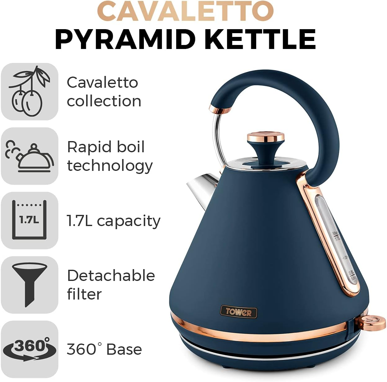 Tower T10044MNB Cavaletto Pyramid Kettle with Fast Boil, Detachable Filter, 1.7 Litre, 3000 W, Midnight Blue and Rose Gold