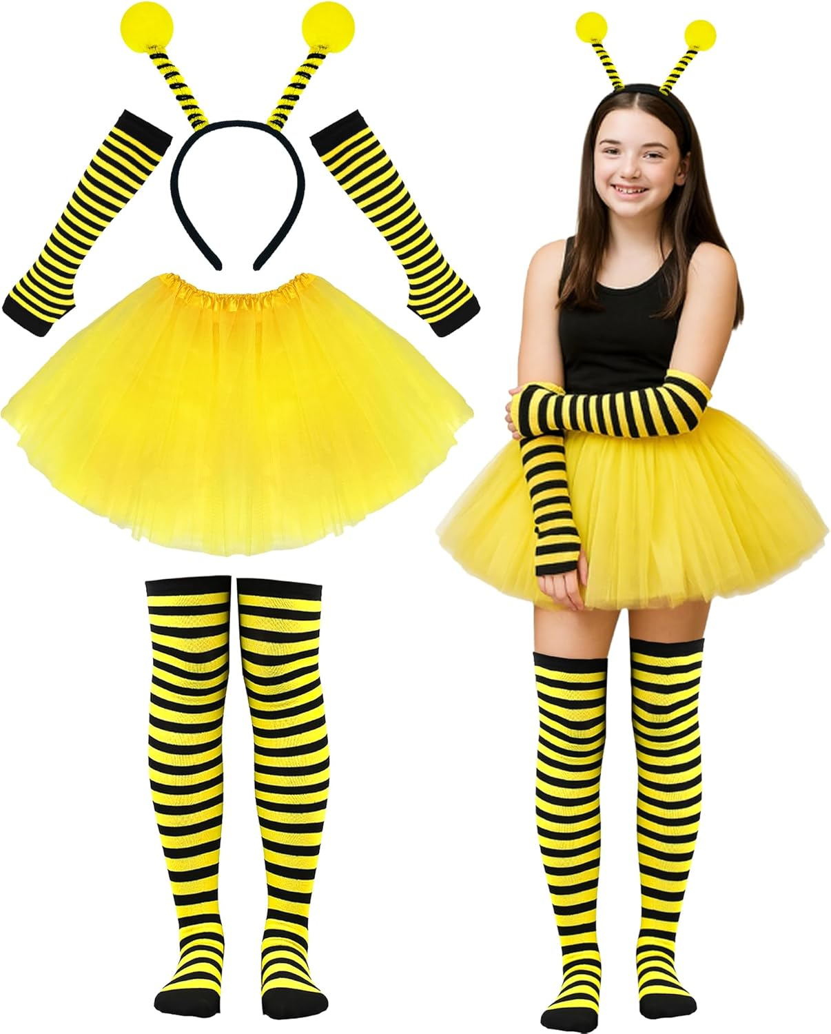 Women'S Adult Bee Costume Set - 4Pcs Honeybee Costume Accessories with Antenna Headband, Tutu Skirt, Leg Warmers, Arm Warmers & Gloves - Yellow - One Size - Halloween image number 3