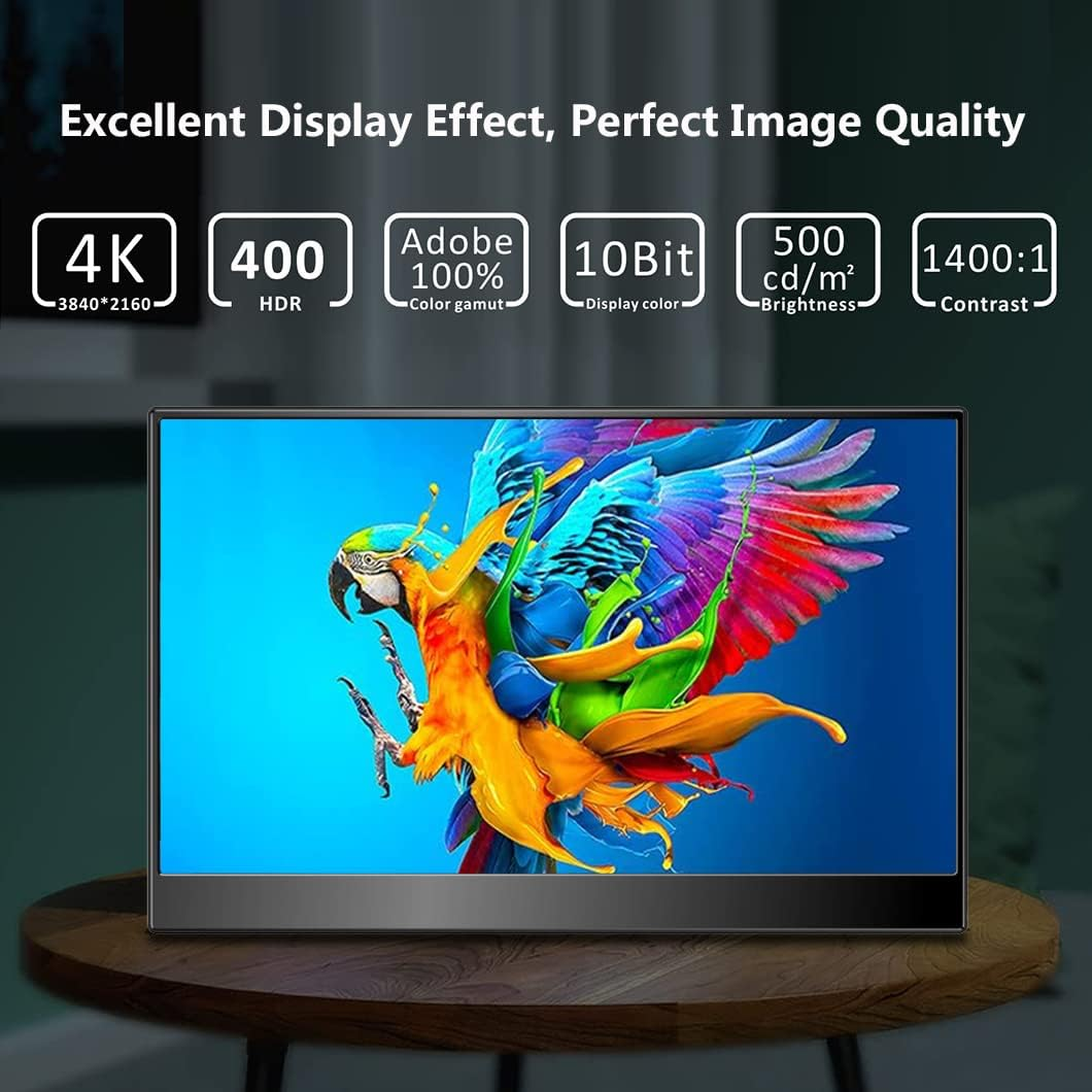 4K Portable Monitor, 14 Inch Portable Monitor USB C, 10-Bit Adobe 95% HDR Game Monitor with USB C/Hdmi/Mini DP Compatible with Game Console/Pc/Surface