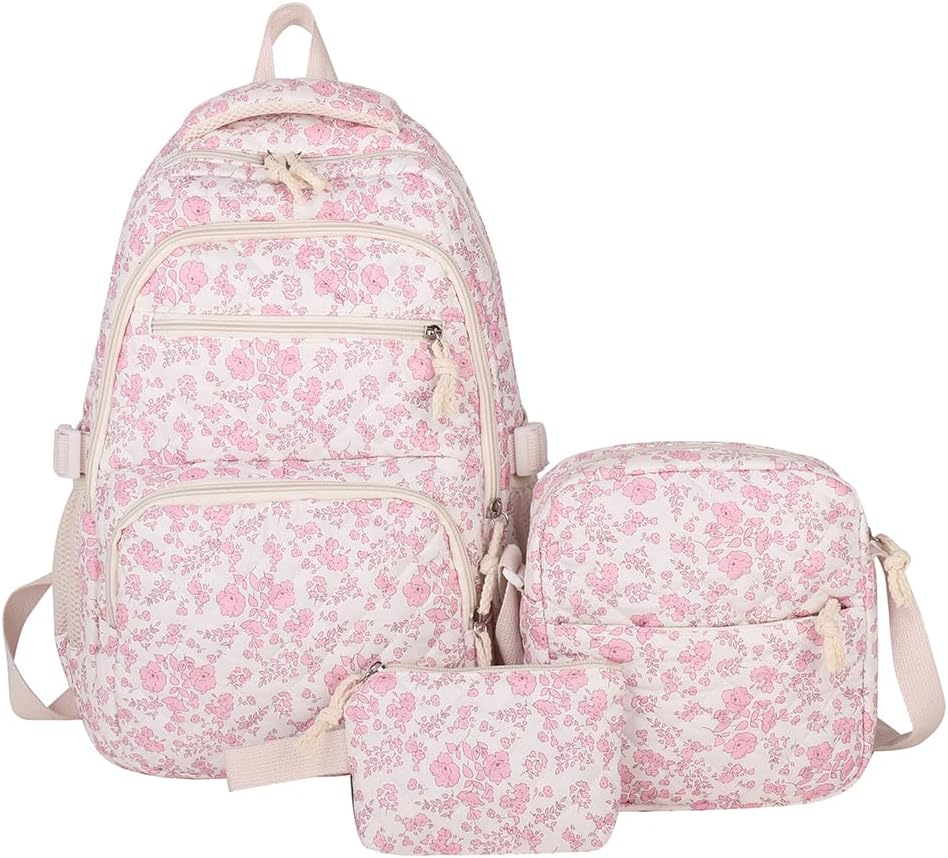 Coquette Backpack &ndash; 3-In-1 Floral Quilted Daypack Set, Aesthetic Nylon Rucksack with Crossbody Bag 2025