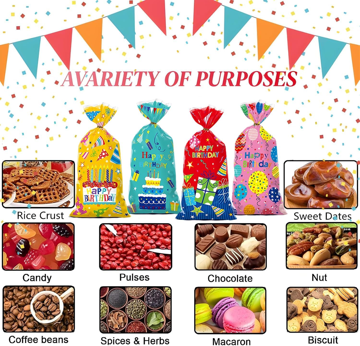 100 Pcs Birthday Treat Bags,4 Cartoon Designs Happy Birthday Cellophane Bags Candy Goodies Snacks Cookies Bags with Twist Ties for Birth Day, Baby Showers, Holiday Party Favor Gift Decor (Colorful) - Colorful image number 4