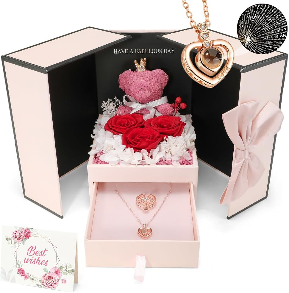 AUTOWT Preserved Rose Gifts for Women, Pink Eternal Flower Rose Box with I Love You Necklace and Ring, Romantic Gifts for Mom Grandma Wife Sweetheart on Mother&rsquo;S Day Valentines Christmas Anniversary image number 4