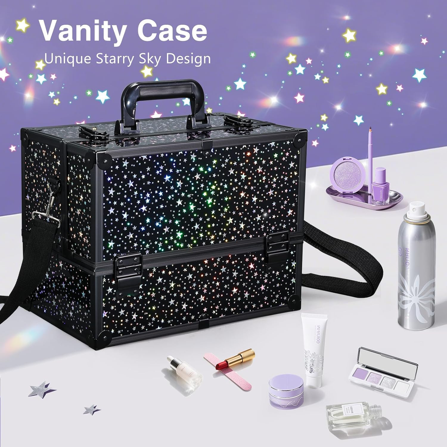 Joligrace Make up Organiser Nail Polish Jewellery Cosmetic Box Beauty Vanity Case Extra Large Space, Black Star, L image number 5