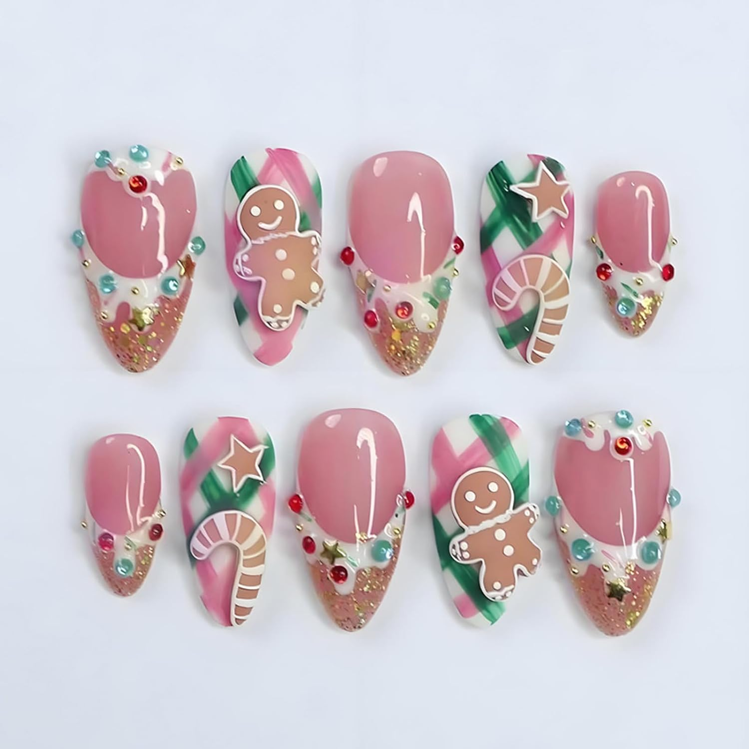 24 PCS Christmas Press on Nails Christmas False Nails French 3D Rhinestone Gingerbread Man Medium Fake Nails Gifts for Women and Girls (No.72) image number 5