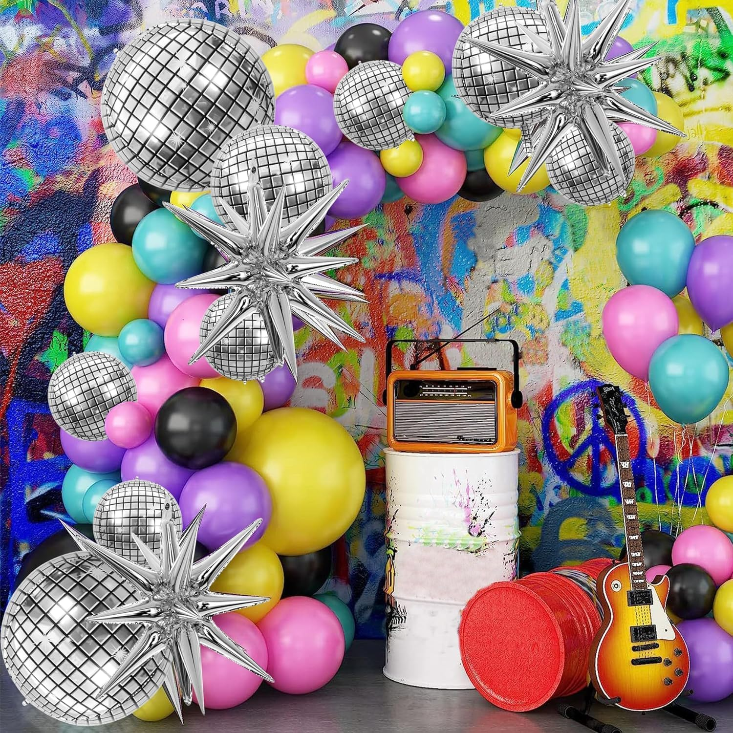 18 Pcs Disco Ball Balloons 4D Large Foil Balloons with 2 Gold Microphone Balloons Explosion Star Aluminum Foil Balloons 22 Inches 15 Inches 10 Inches Silver Disco Balloons for Disco Party Supplies image number 1