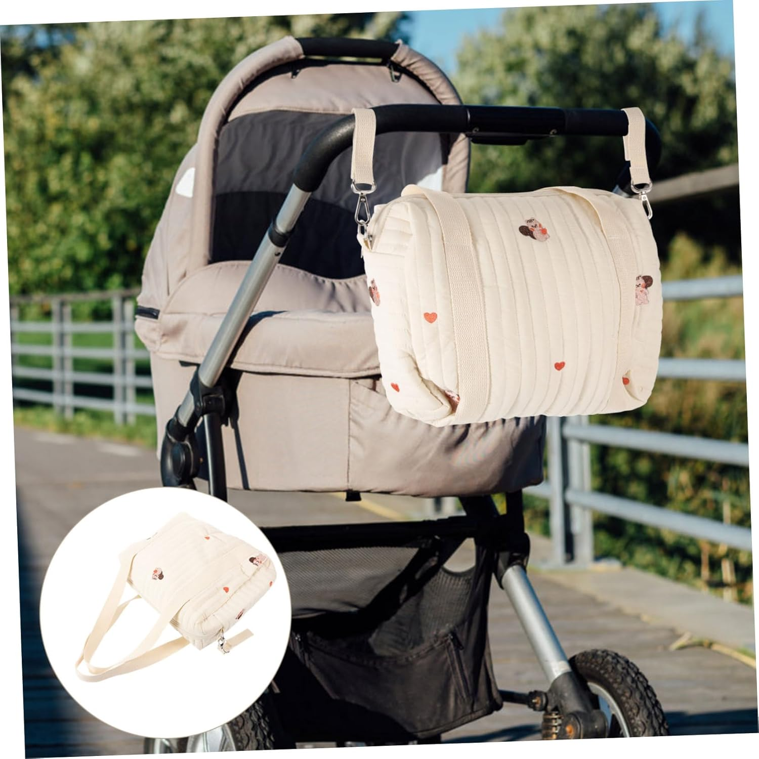 SECFOU Embroidered Cotton Diaper Bag Stroller Straps Medium Squirrel Design Compact Travel Tote for Moms Versatile Baby Storage Dual Handles image number 6