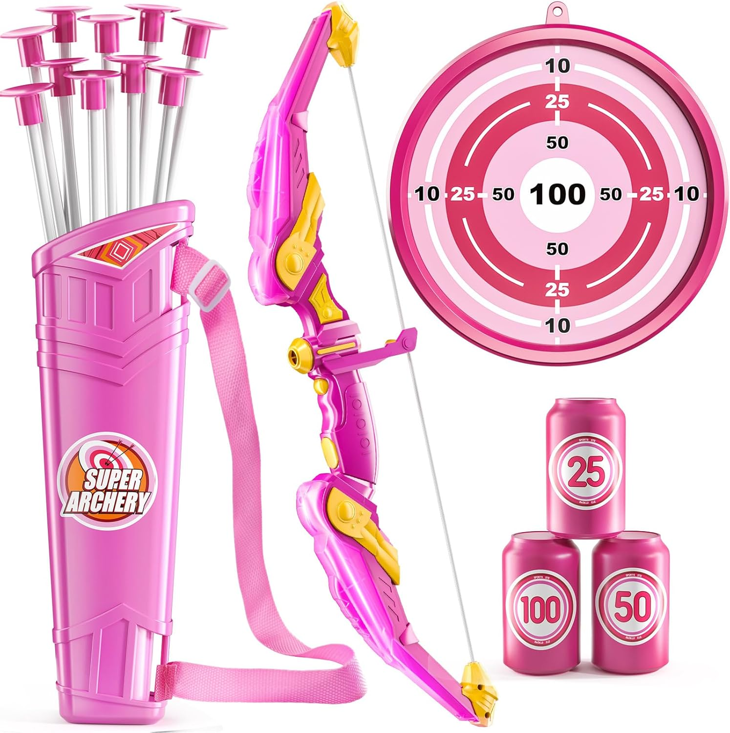 Kids Bow and Arrow Set, LED Light up Archery Toy Set with 10 Suction Cup Arrows,Target & Arrow Quiver, Bow and Arrows Set Toys 3 4 5 6 7 8 9 10 11 12 Year Old Kids Boys Girls (Pink)