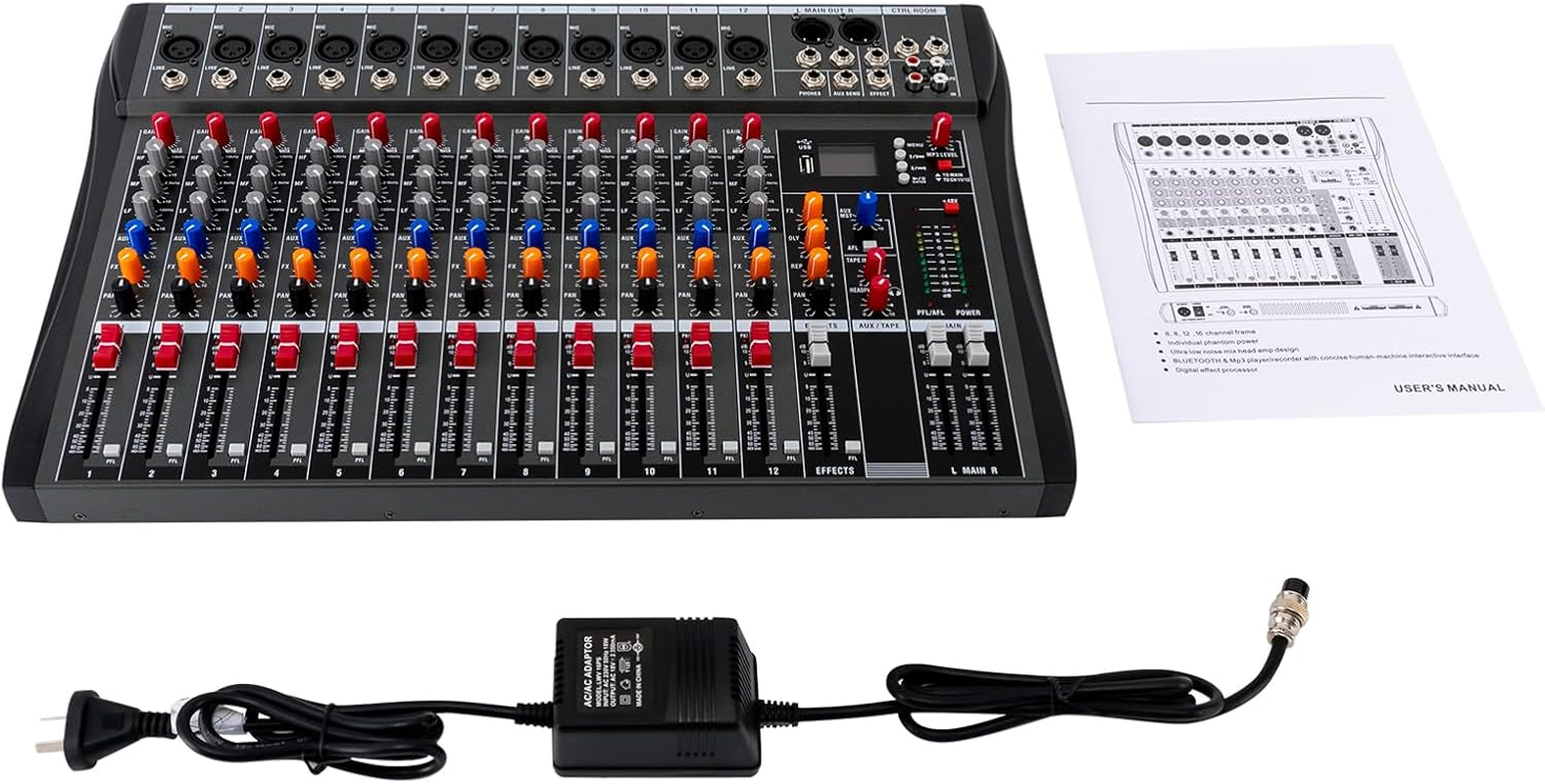 12 Channel DJ Audio Sound Mixer Interface with MP3 USB Bluetooth Stereo Recording, Ultra Slim DJ Sound Controller with LED Light, Sound Board Mixing Console