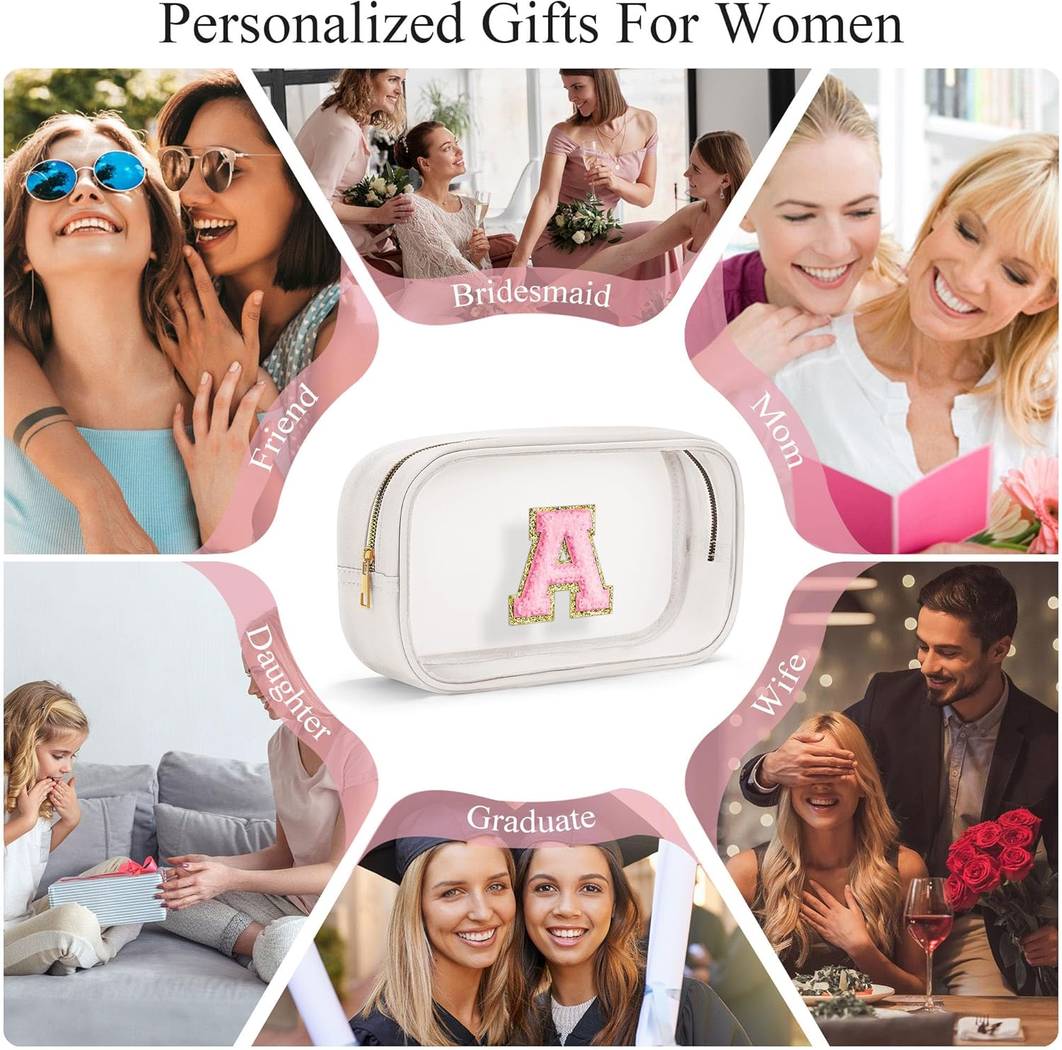 Parima Transparent Cosmetic Bag - Pink Cosmetic Bag Travel Toiletry Bag Large Cosmetic Bag with Letters Gifts for Friends Girls Sister Personalised Cosmetic Bag for Girls Women, White-A - M-Black image number 2