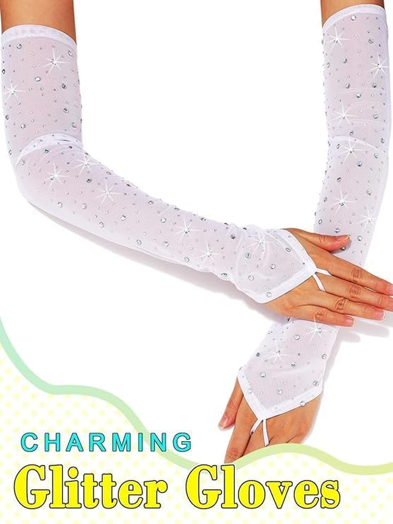 Rhinestone Long Fingerless Gloves Sparkly Tulle Sheer Gloves Mesh Event Stretch Party Accessories for Women image number 3