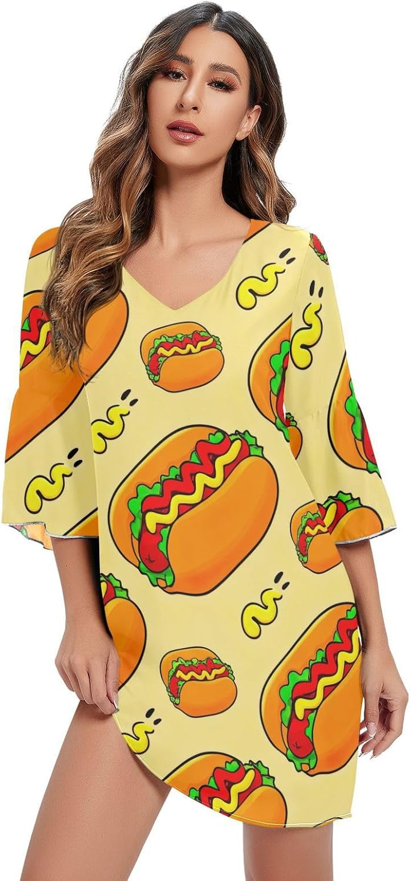 Cartoon Hot Dogs Ladies Chiffon Dress Printed Line Maternity Dress S-XXL image number 2