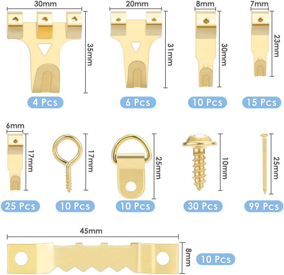 WOTOW Picture Hooks, 220 Pieces Multifunctional Picture Hanging Kits, Various Heavy Duty Picture Frame Hooks with Nails, Screw D-Rings and Zigzag Hooks for Picture Frame Fixing image number 5