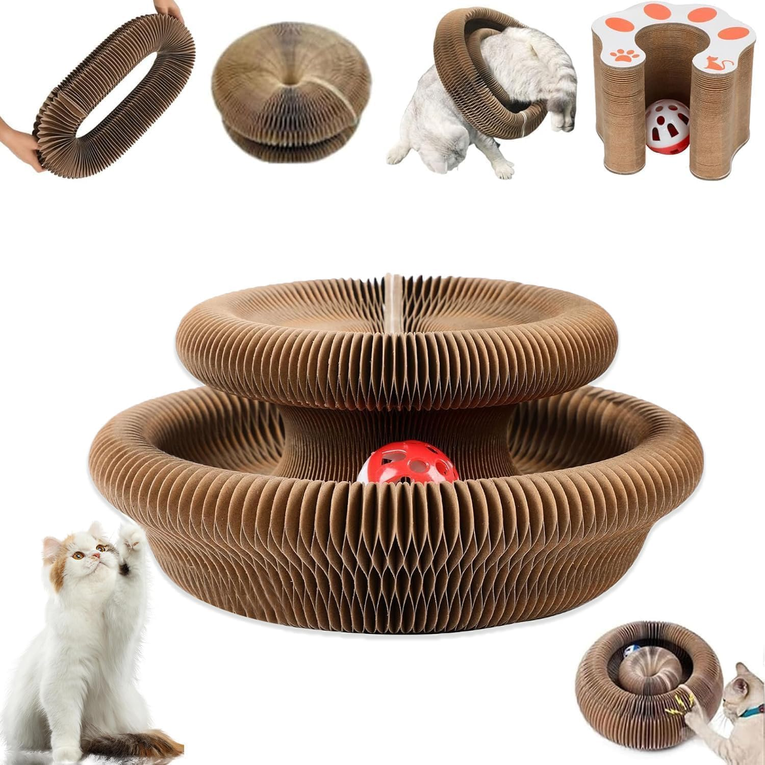 Mumoo Bear Foldable Cat Scratcher Toy with Ball Track, Kitten Curl Toy Interactive Accordion-Style Scratching Pad, Corrugated Paper,Magic Organ Cats Scratcher Board image number 3