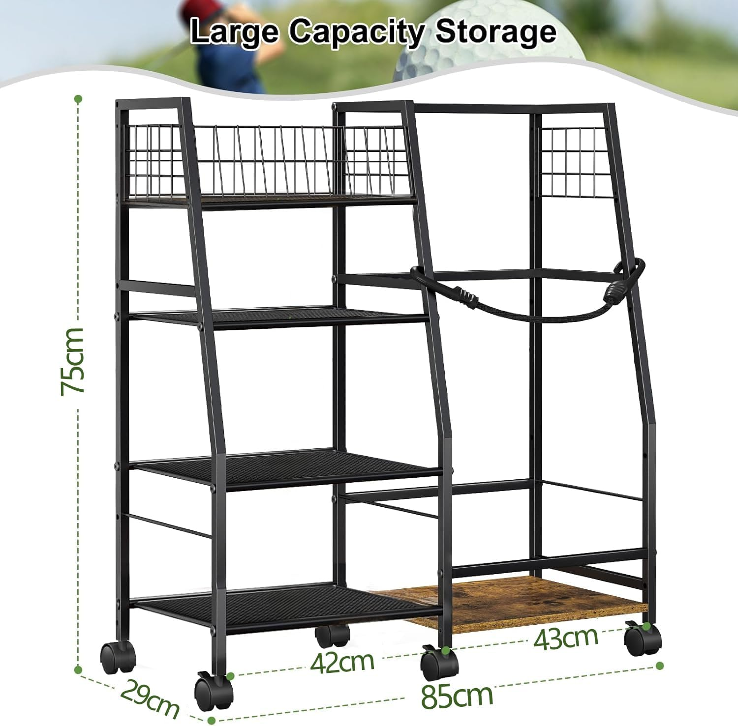 RHSTAO Golf Bag Garage Storage Rack with Wheels, Organizer for Single Golf Bag and Equipment Accessories, Ideal for Home, Garage, Club, Shed, Basement - Sturdy Wood and Metal Construction image number 2