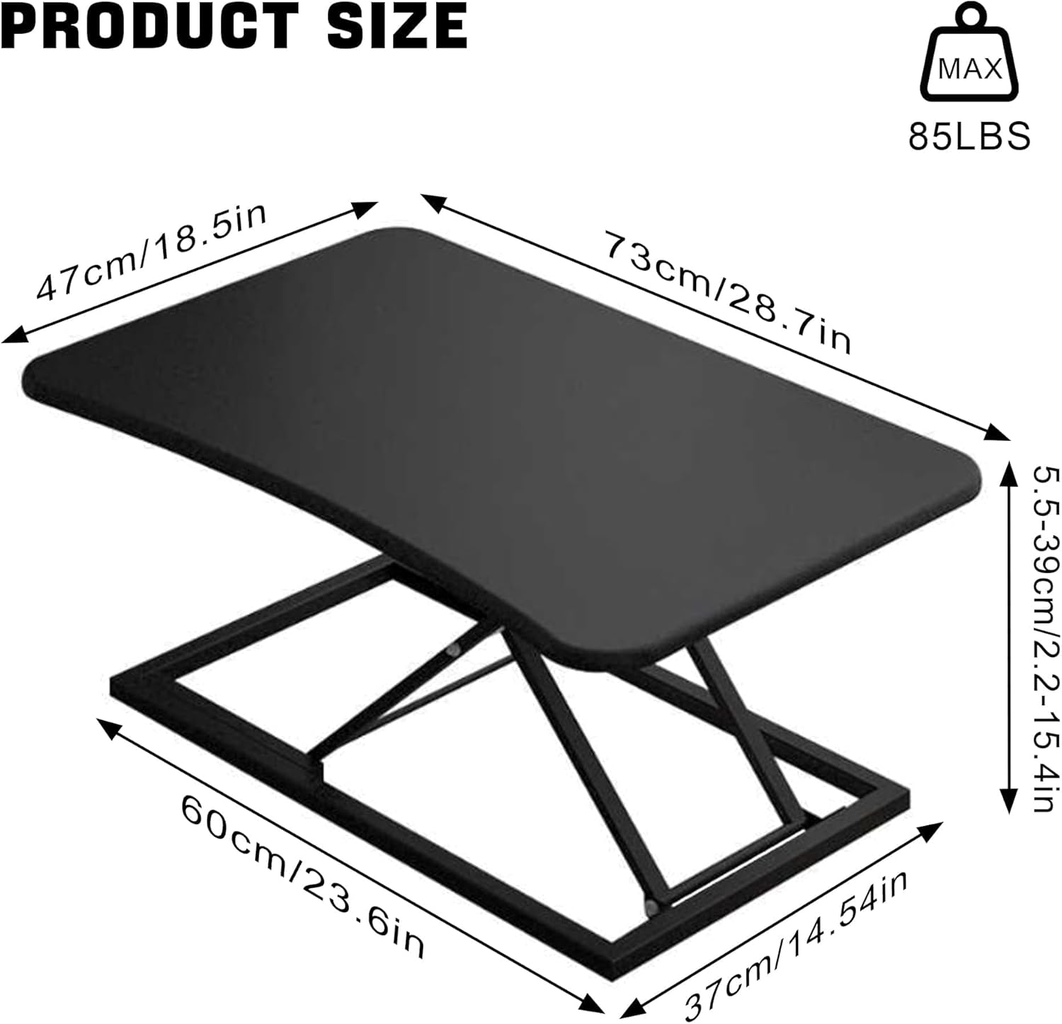 Standing Desk Converter, Pneumatic Height Adjustable Sit Stand up Desk Riser, Desktop Workstation Riser for Home Office Computer Laptop, 73Cm Wide (White) - Black image number 3