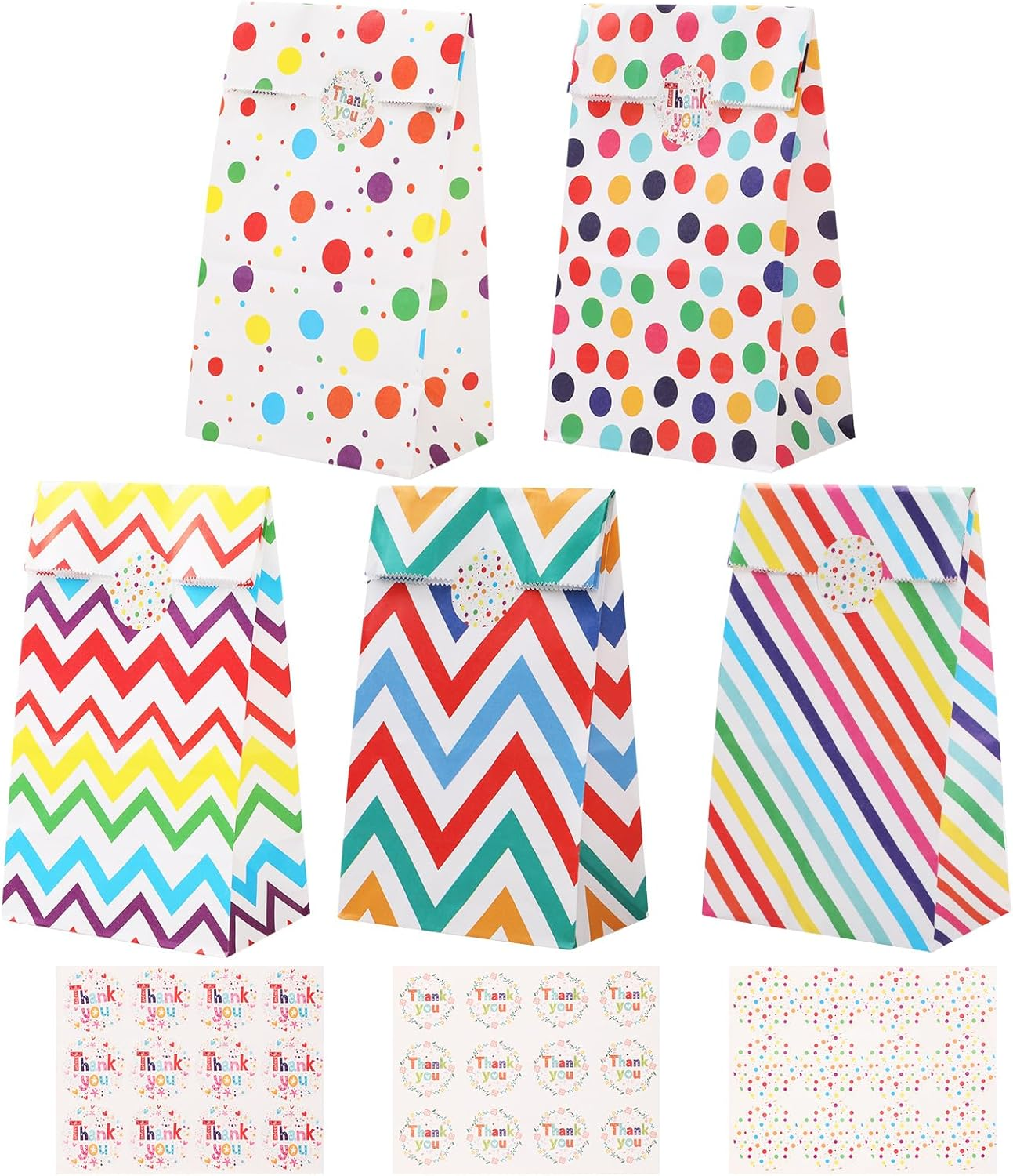 Hianjoo Paper Gift Bags, 25 Pieces Bottom Party Sweets Gift Kraft Bags Treat Bags with 48 Label Stickers for Lunch & Snacks