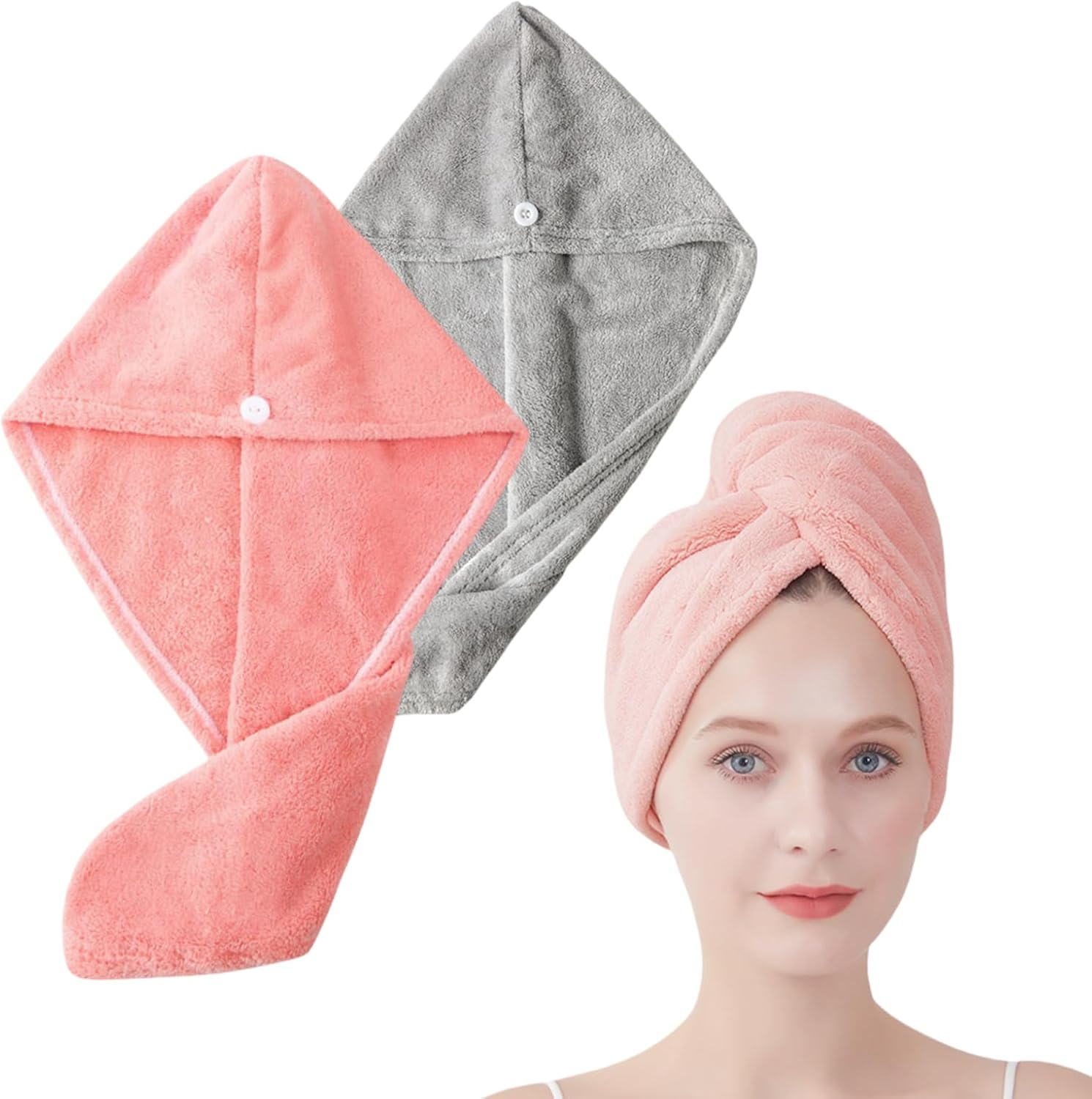 Huotflame Microfibre Hair Turban Set of 2 - Super Absorbent & Quick-Drying Women'S Towel Turban for Hair - Coral Fleece Head Towel with Button in Pink & Grey - 25 X 65 Cm Microfibre Towel image number 1