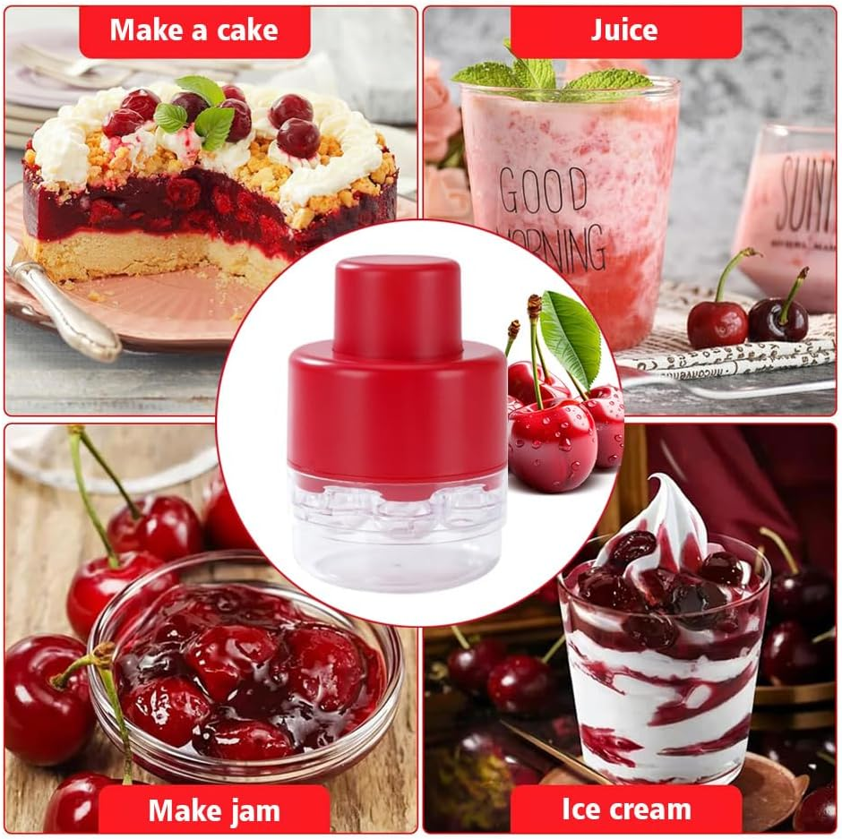Cherry Pitter 7-In-1 Cherry Pitter Tool Pit Remover Portable Push-Down Cherries Seed Remover No Handle Design for Kitchen, Picnics (Red)