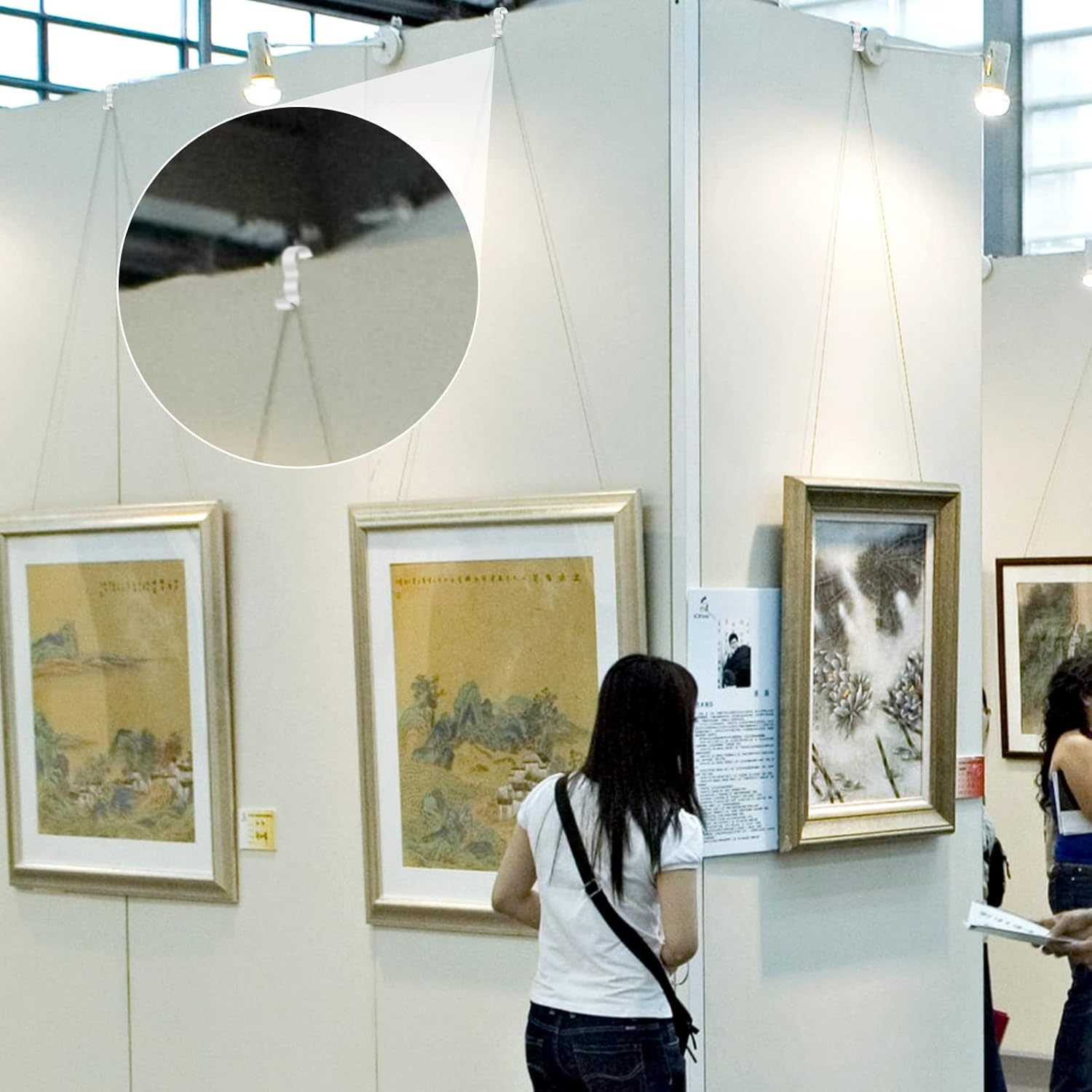 Dunzy 10 Pcs Picture Rail Hanging System Kit Picture Rail Hooks Molding Hangers with Invisible Nylon Cord and Adjustable Hooks for Exhibition, Art Gallery Supplies, White