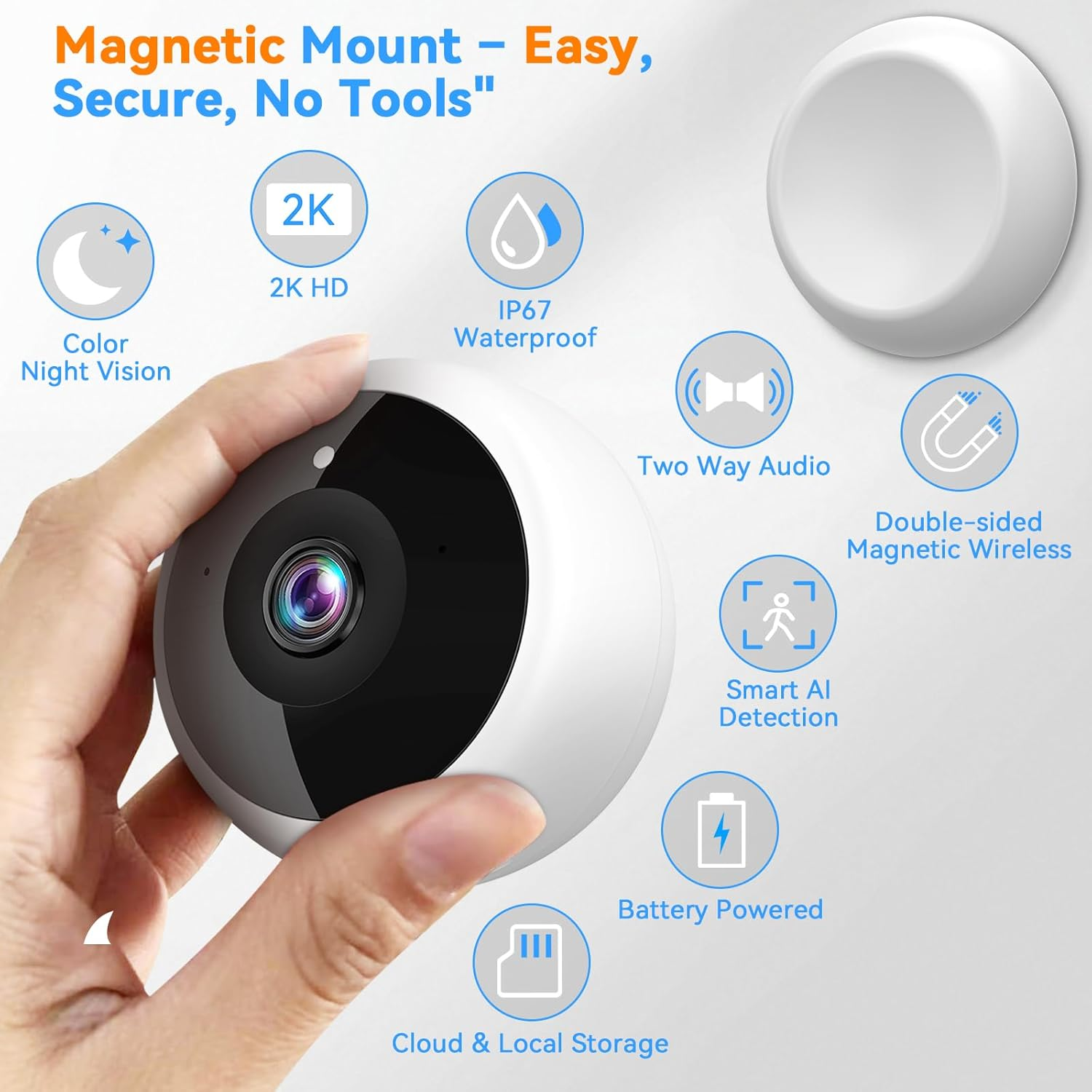 Thybro Magnetic Security Camera Wireless - 2K HD Video, AI Motion Detection, Battery Powered, 360&deg;, 2-Way Audio,Ir Color Night Vision, Waterproof, Outdoor & Indoor Surveillance
