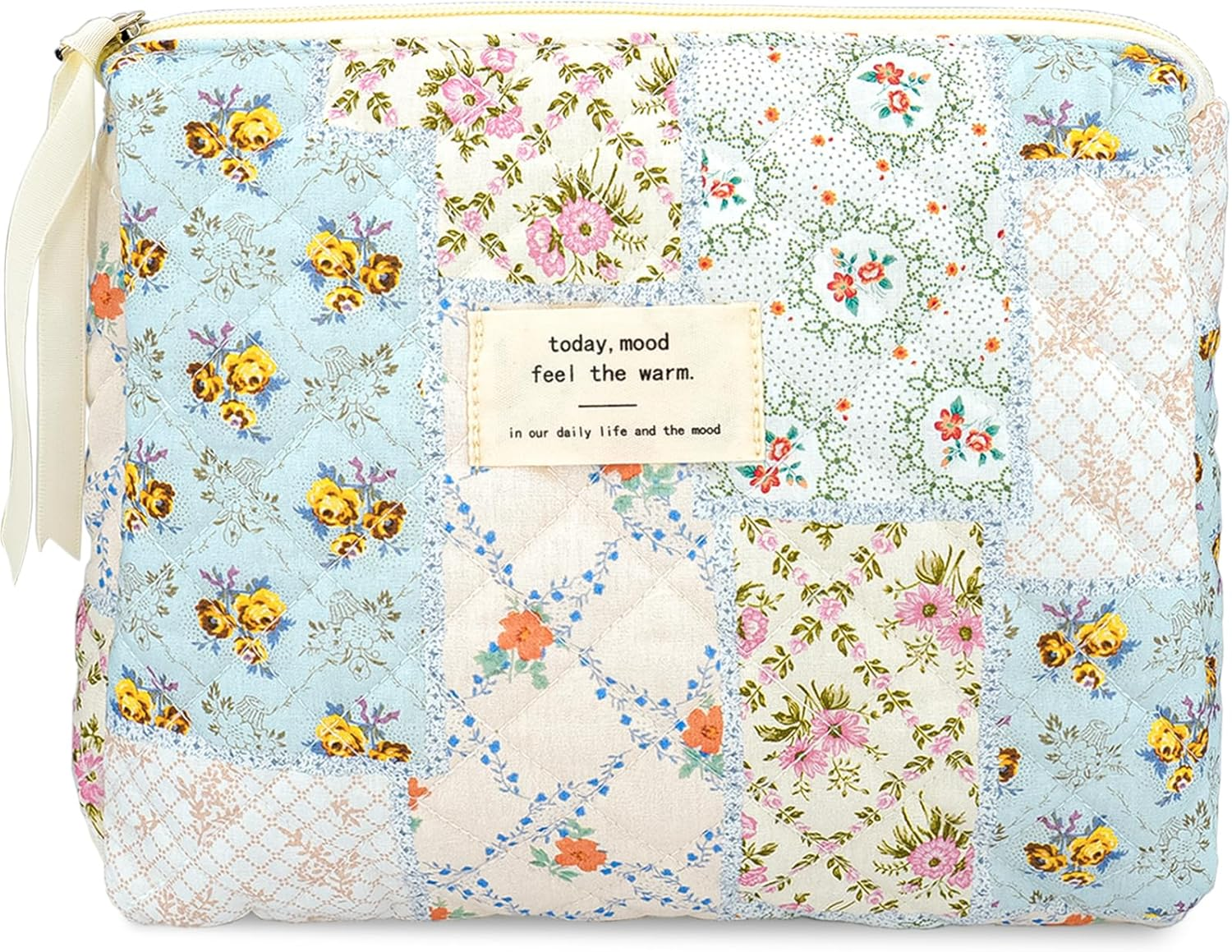 Makeup Bag Large Travel Quilted Cosmetic Makeup Bag Organizer, Floral Cotton Coquette Aesthetic Toiletry Bag for Women Girls, Blue Romantic Rose-L, Floral