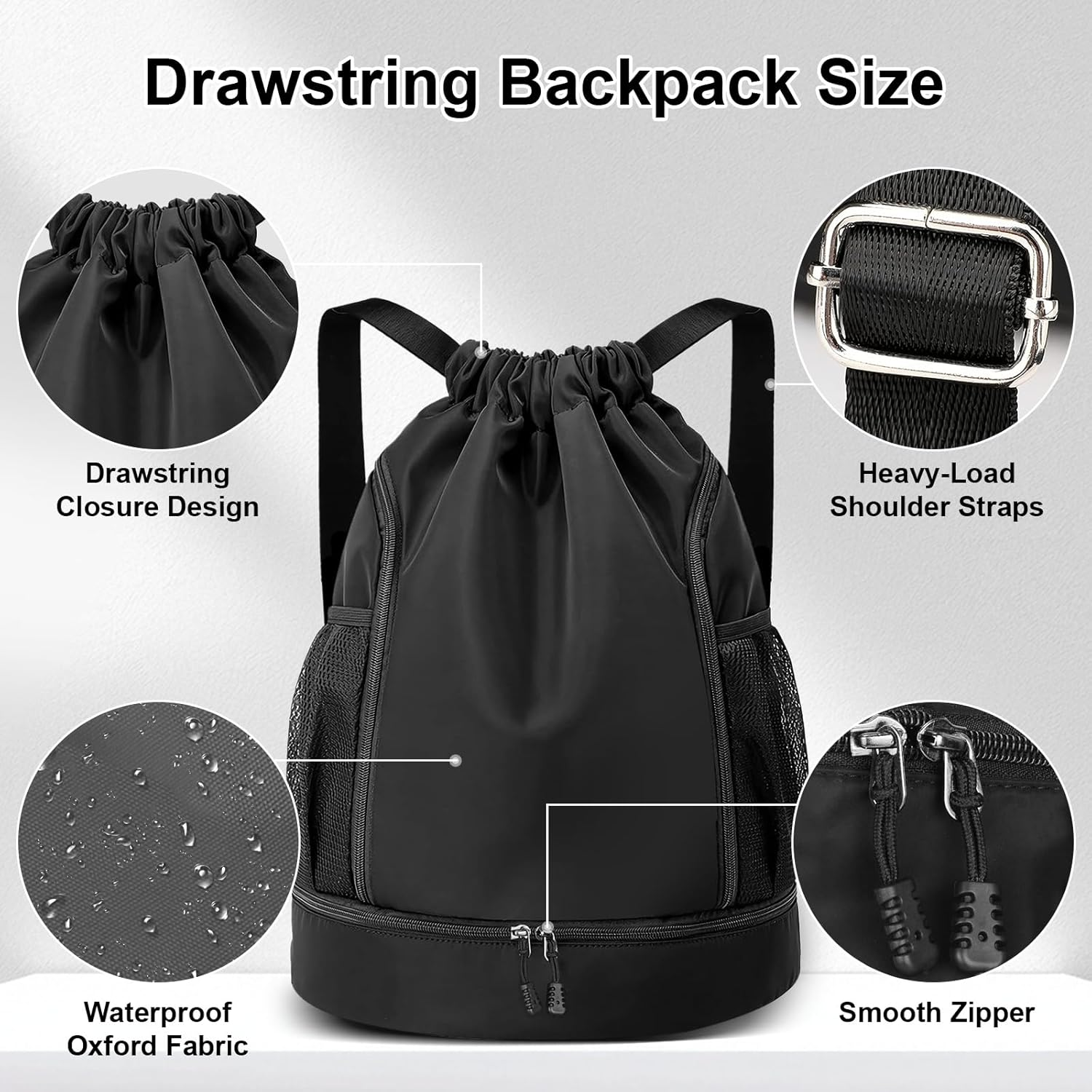 Drawstring Backpack Sports Gym Bag, Water Resistant String Bag Gym Sports Bag, Shoe Compartment Side Mesh Pockets Bulk Cinch Bag for Women Men - Black image number 3