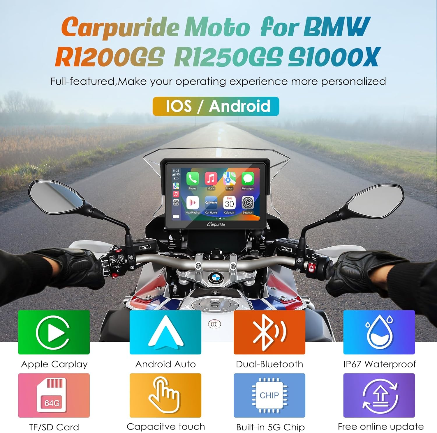 Motorcycle Carplay Screen Carpuride W502B for BMW R1200GS/R1250GS/S1000XR &ndash; 5" IP67 Waterproof Touchscreen, Wireless Android Auto & Carplay, GPS Navigation, Dual Bluetooth, Enhanced Bass EQ image number 3