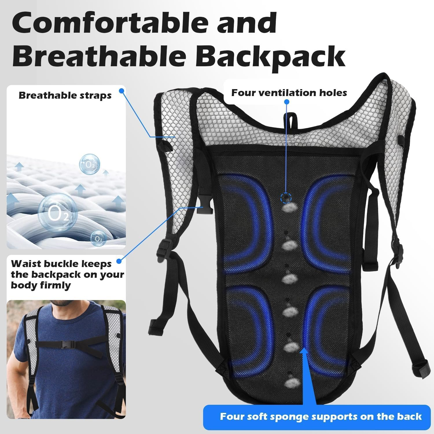 2 Pack Hydration Backpack Pack, Lightweight Breathable Water Backpack with 3 Layer Pockets, Reinforced Shoulder Straps for Hiking Running Cycling
