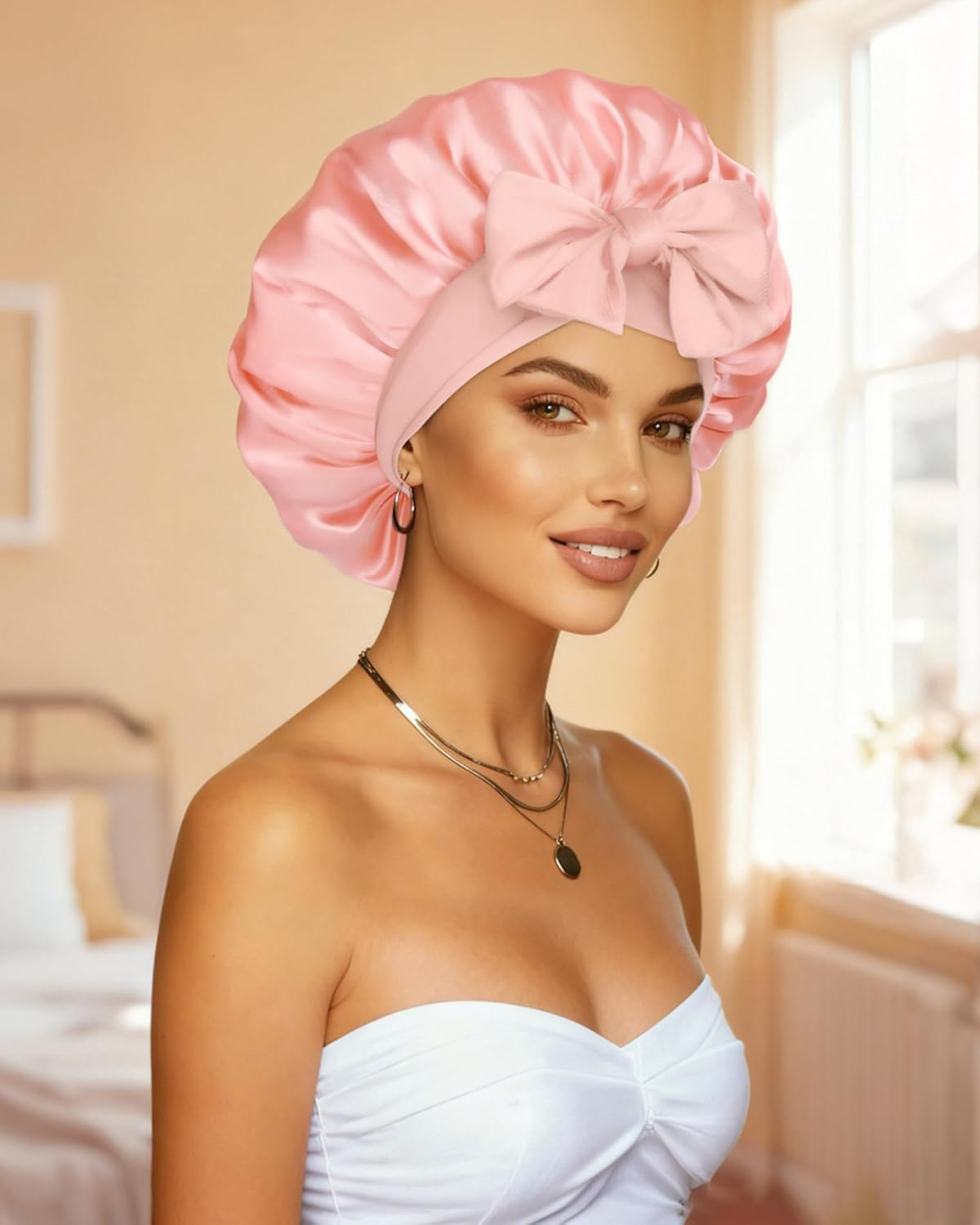 Reversible Satin Bonnet for Sleeping Women Double Layer Hair Bonnet with 2PCS Hair Scrunchies Elastic Tie Band Night Cap, Apricot Powder+Champagne - Bean Paste + Pink image number 3