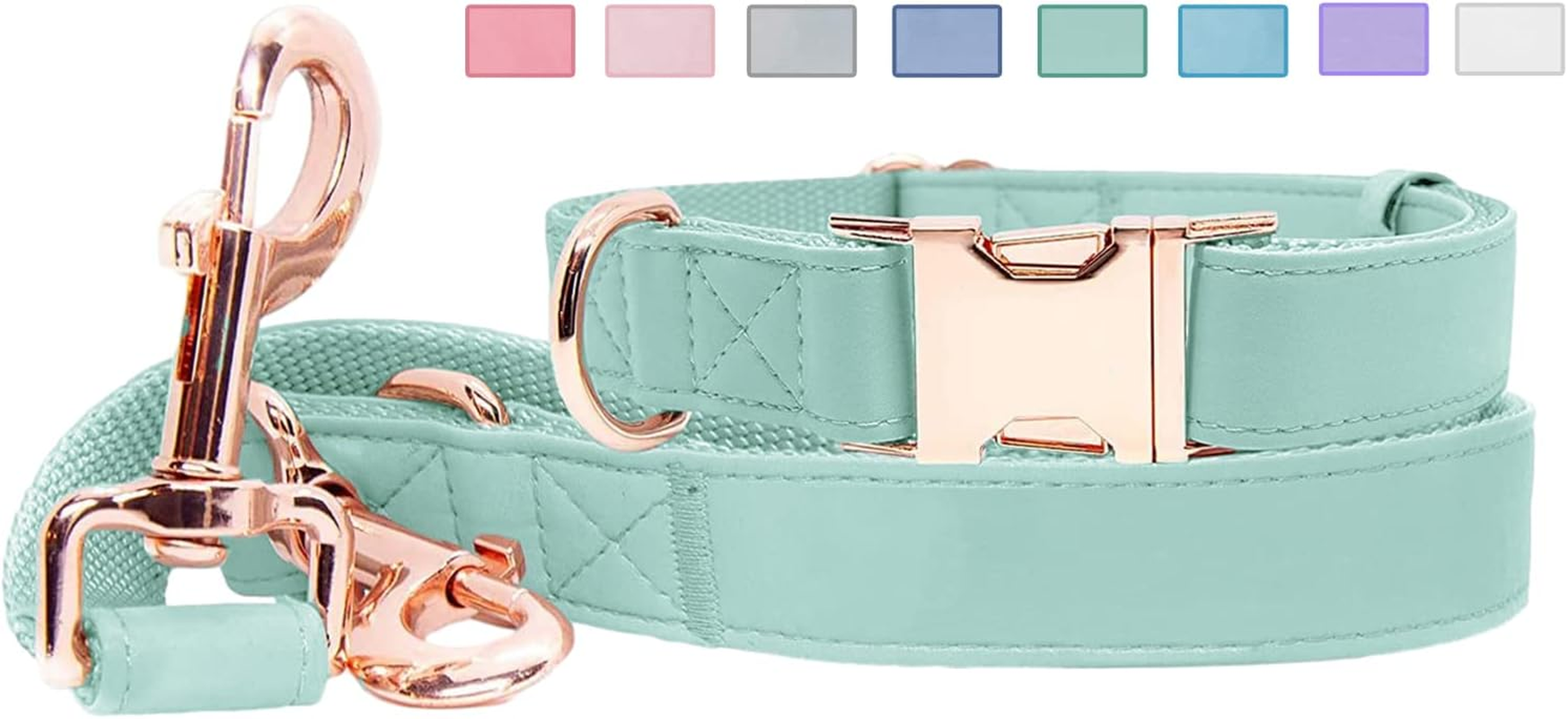 Soft Leather Dog Collar and Leash (6.6') Set - Stylish Rose Gold Heavy Duty Metal Buckle, 4 Adjustable Lengths Leash for Small Medium Large Dogs - Comfortable & Easy to Clean (Green, L(15.4"-24.8"))