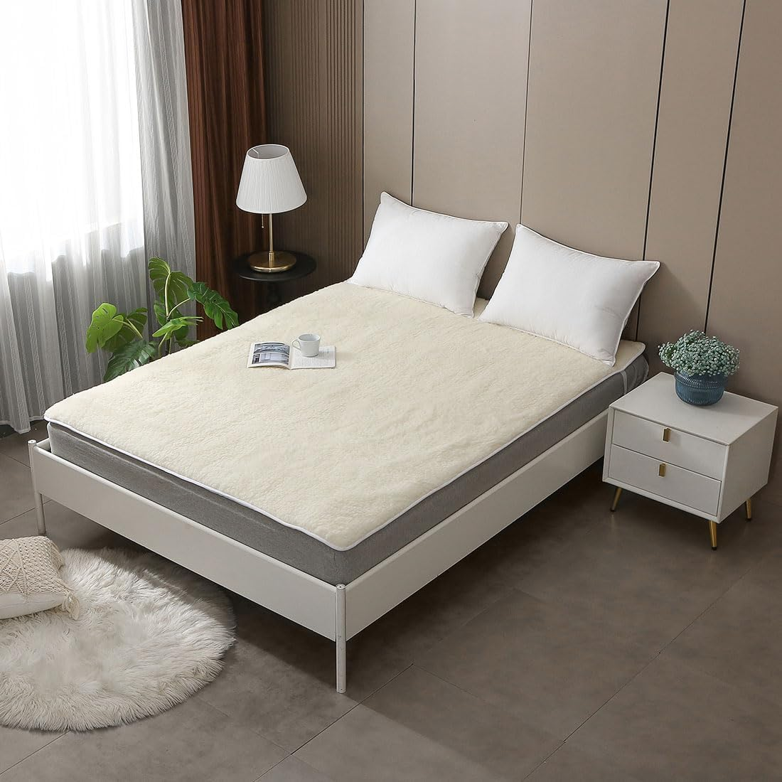 Wool Mattress Topper,Extra Thick Mattress Pad Cover,Breathable and Warm Mattress Pad for Bed,Reversible Wool Underlay/Underblanket,Four Corner Straps(Cream,183X203Cm) image number 6