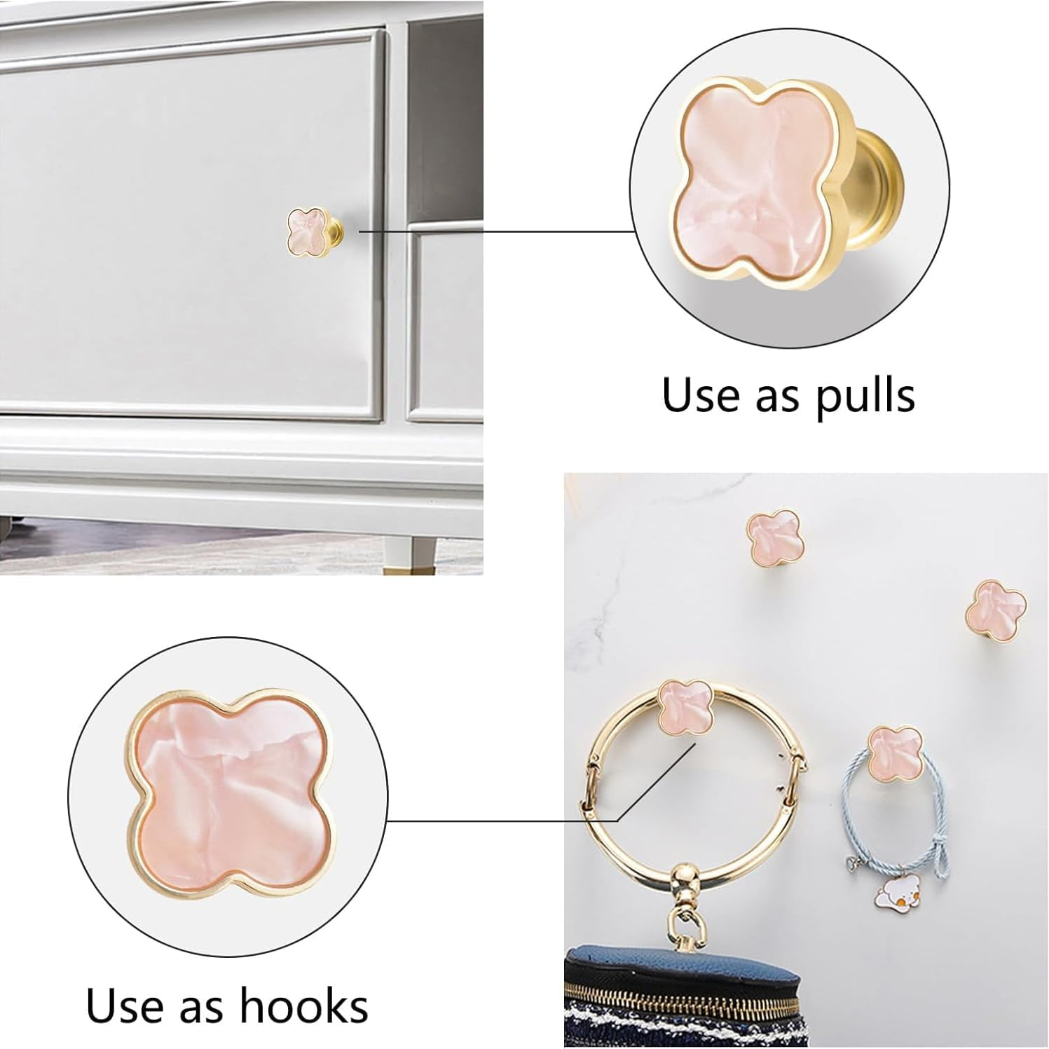 Xinghonyac 8 Pcs Clover Four-Leaf Cabinet Knobs, Cabinet Drawer Pulls Cabinet Knobs, Zinc Alloy Single Hole Door Handle for Dresser, Wardrobe, Cupboard (Pink) - Pink image number 2