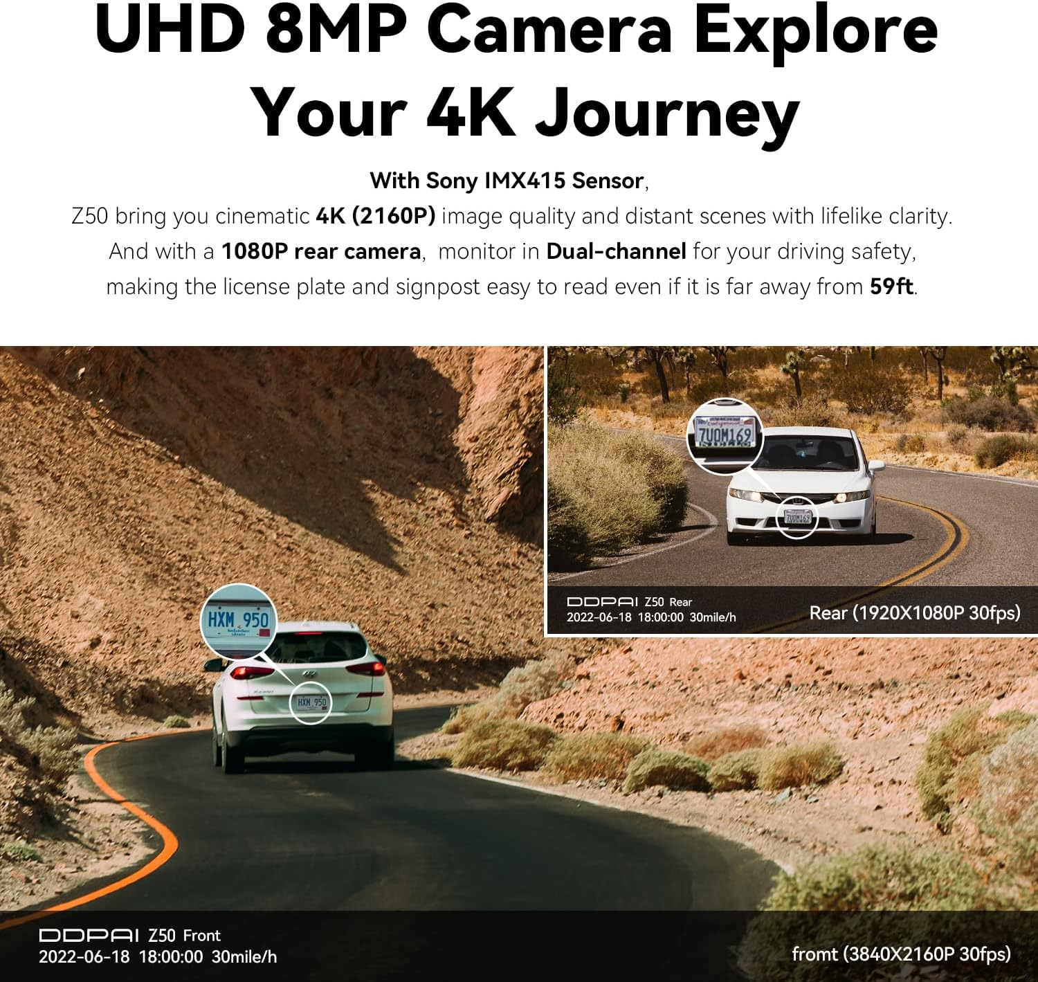 DDPAI Dash Cam Front and Rear Camera 4K, Dash Camera with Built-In GPS Wifi,2160P Front,1080P Rear,Car Camera with IMX415 Sensor,Super Night Vision,Dual Storage Design,24H Parking Mode, G-Sensor, Z50 image number 6