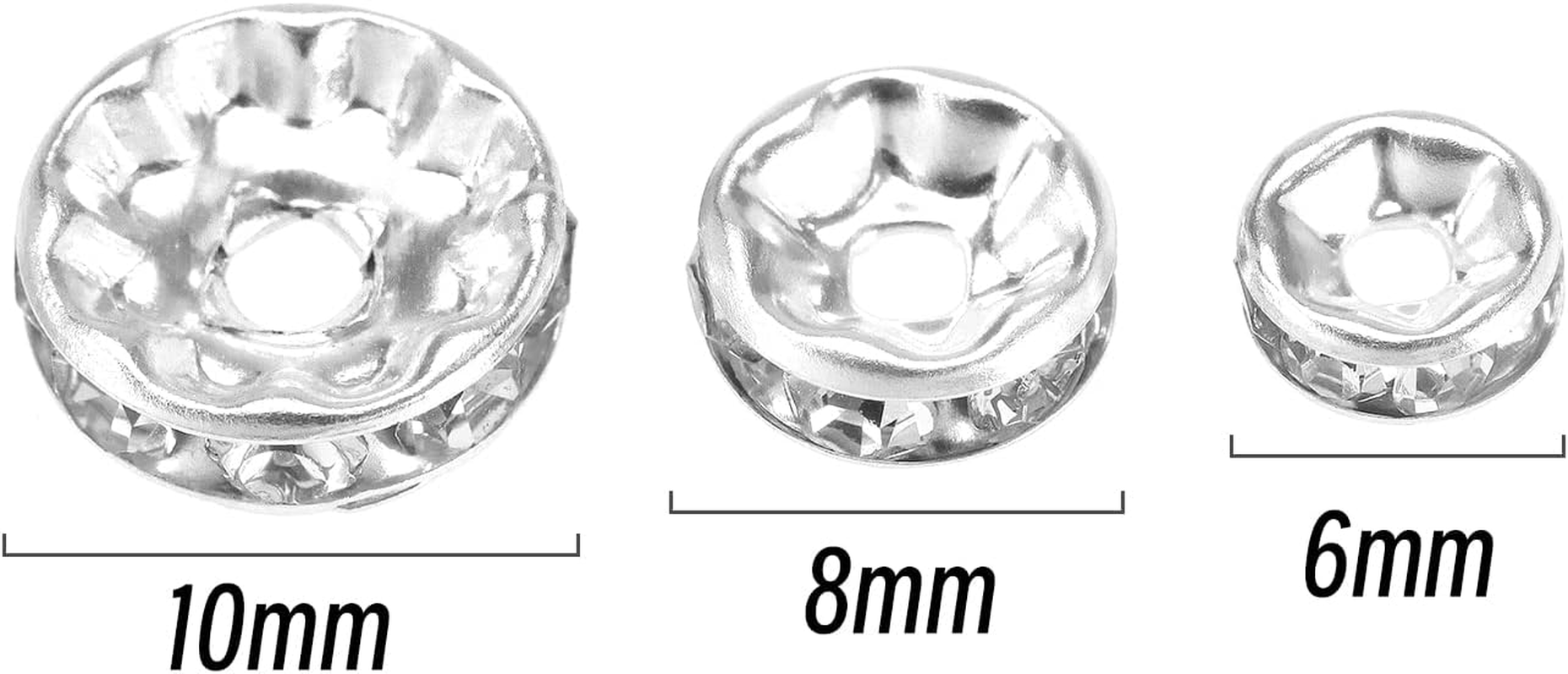 Emagtech 150PCS Rondelle Spacer Beads Shiny Rhinestone Loose round Beads for Bracelet Necklace Earring Jewelry Making Decorations 6Mm 8Mm 10Mm 50PCS Each Size Silver