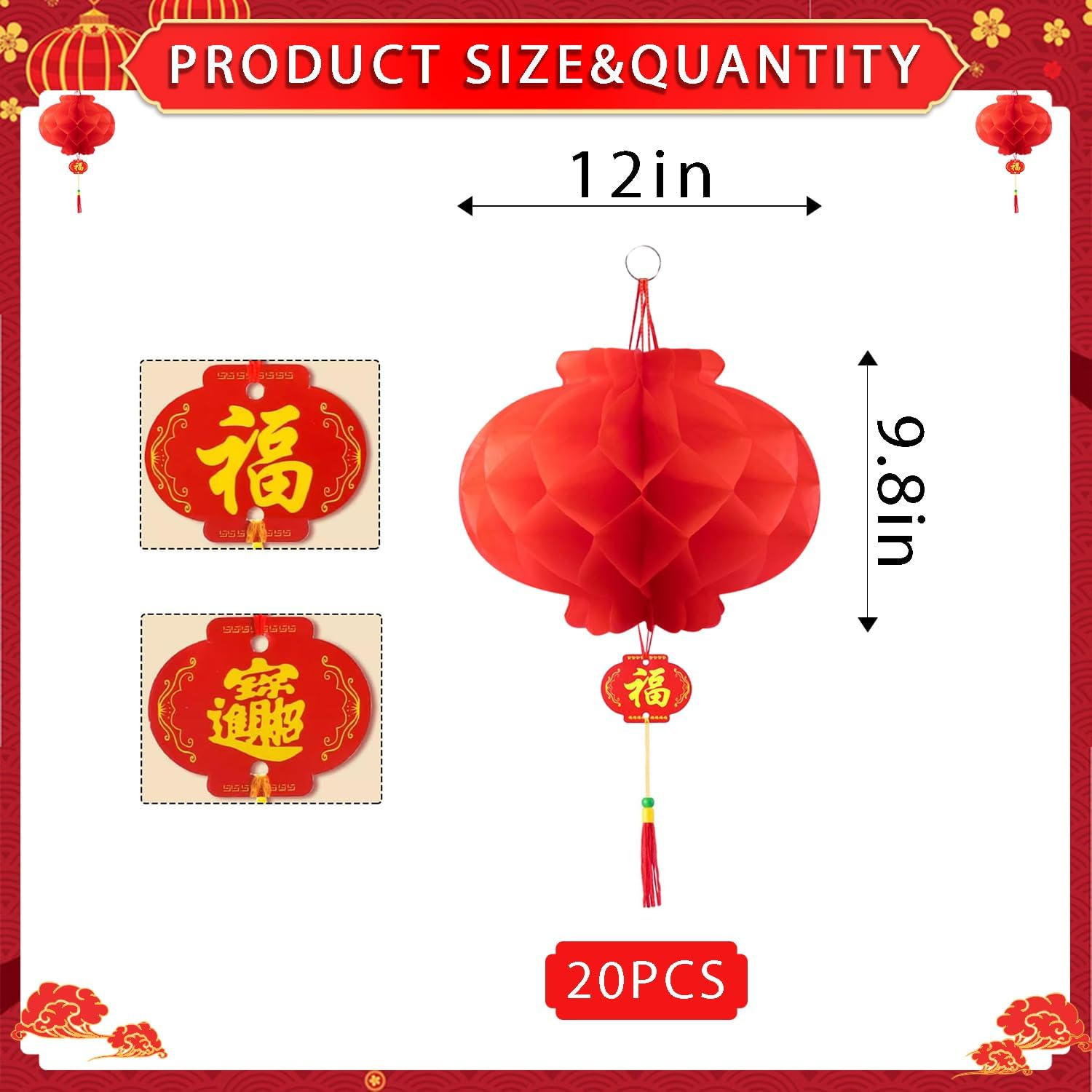 20 Pcs 12 Inch Red Chinese Paper Lanterns Festival Decorations for New Year, Chinese New Year, Spring Festival, Wedding, Birthday Party image number 4
