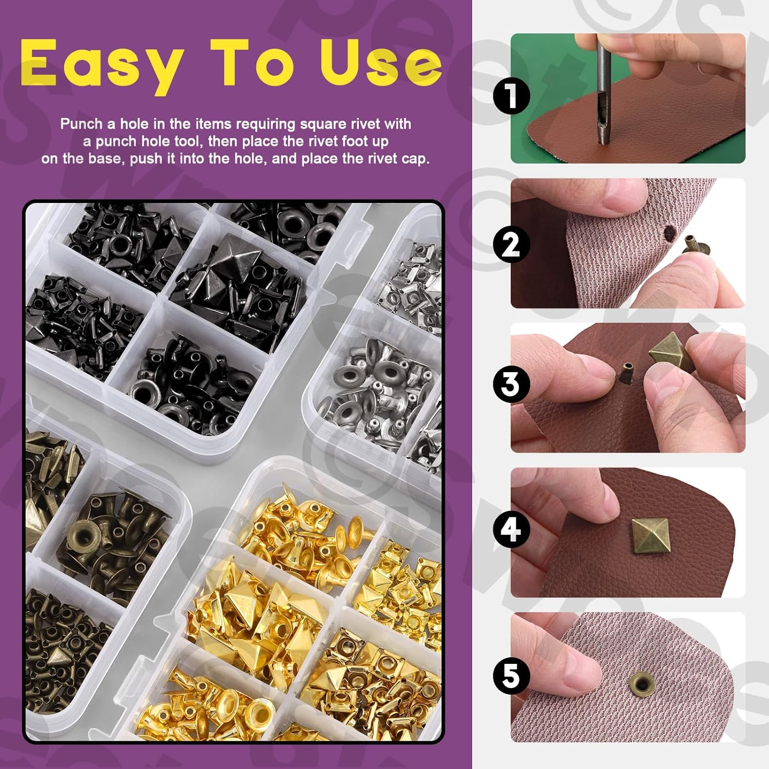 Swpeet 150Pcs 6 Sizes 6Mm/7Mm/8Mm/9Mm/10Mm/12Mm Silver Spike Rivet Pyramid Rapid Rivet Studs Kit, Square Rivets Metal Pyramid Fits for Bag Leather Clothing Shoes Rivet Handicraft DIY Punk image number 4